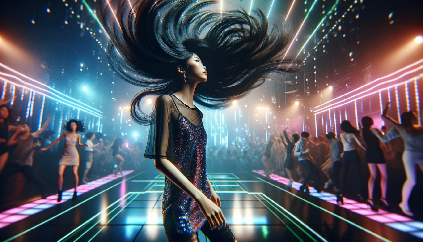 An ultrarealistic photo of a young Chinese woman with long black hair dancing in a disco to EDM music. The full-body view captures her in the midst of a dance move, her hair dynamically flowing as she moves. The disco setting is alive with a vivid display of neon lights, strobes, and a crowd of people dancing, all contributing to the lively party atmosphere.