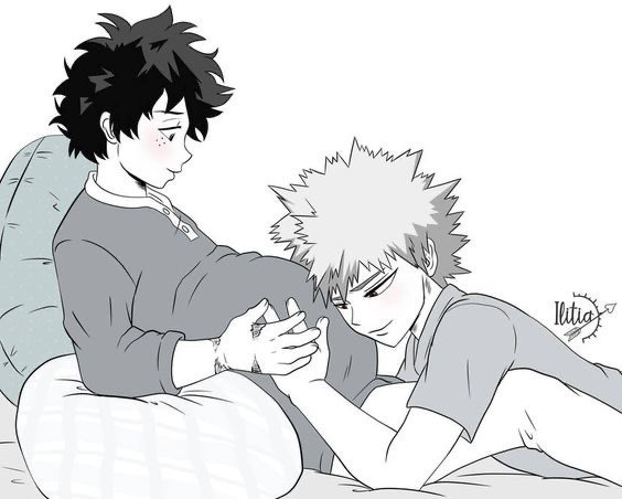 Bakugou and Deku from my hero academia and Deku is pregnant but he’s a boy so it’s mpreg and bakugou is listening to deku’s baby