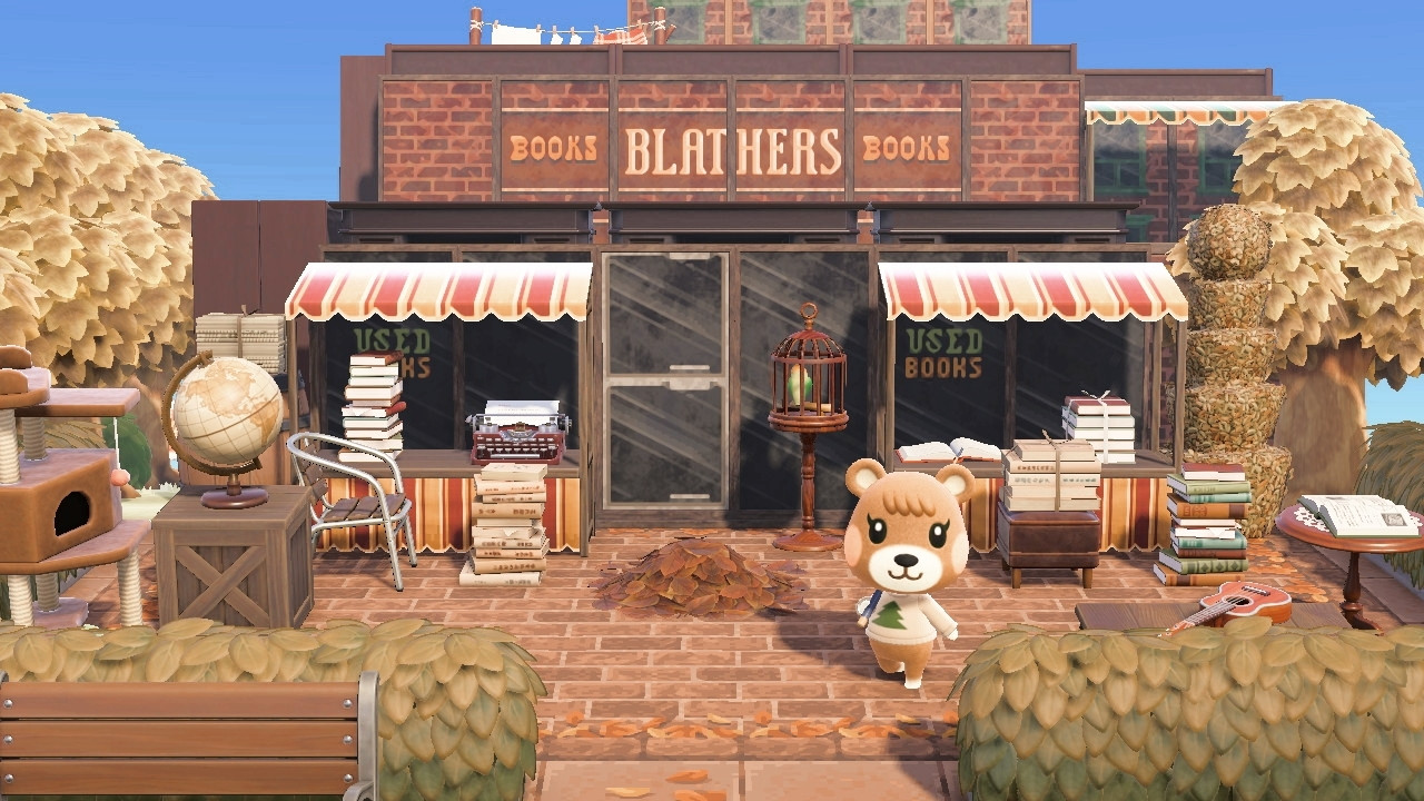 a screenshot from the game animal crossing new horizons, showing the character maple in front of an autumnal bookstore build 