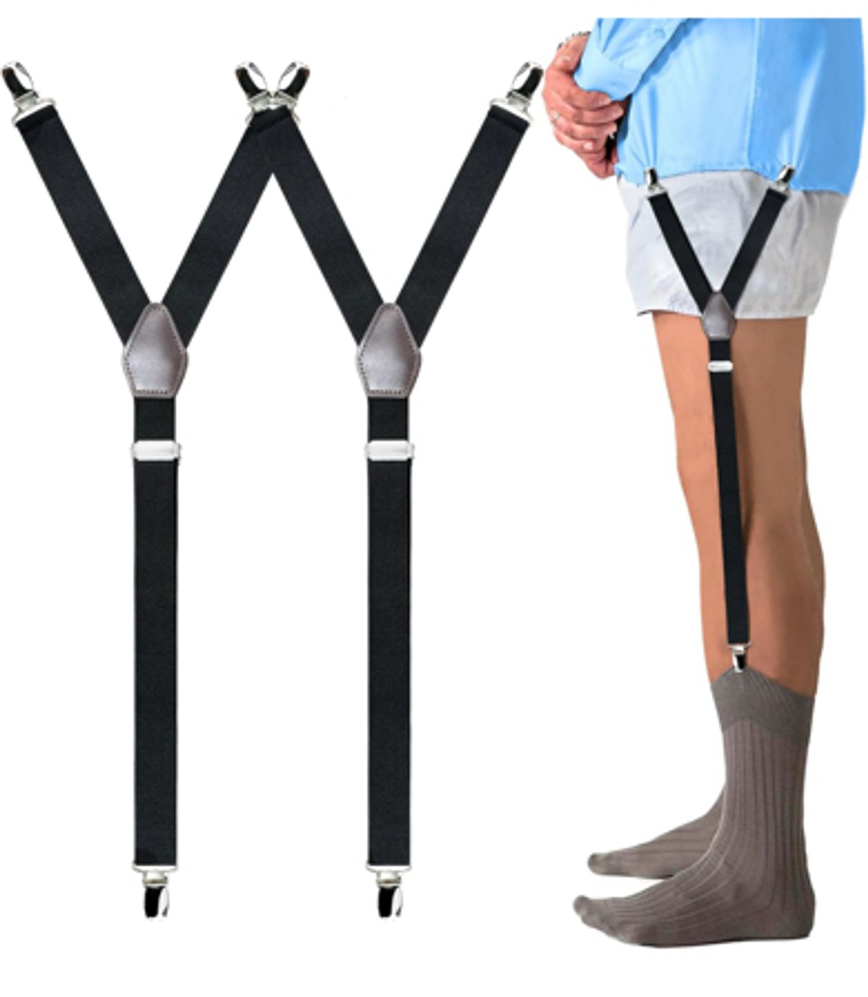 “Shirt stays” product image showing the product, which looks like traditional clip-on suspenders, and a man’s lower body in profile, with the suspenders clipped to the bottom of his shirt at one end and the top of his sock at the other.