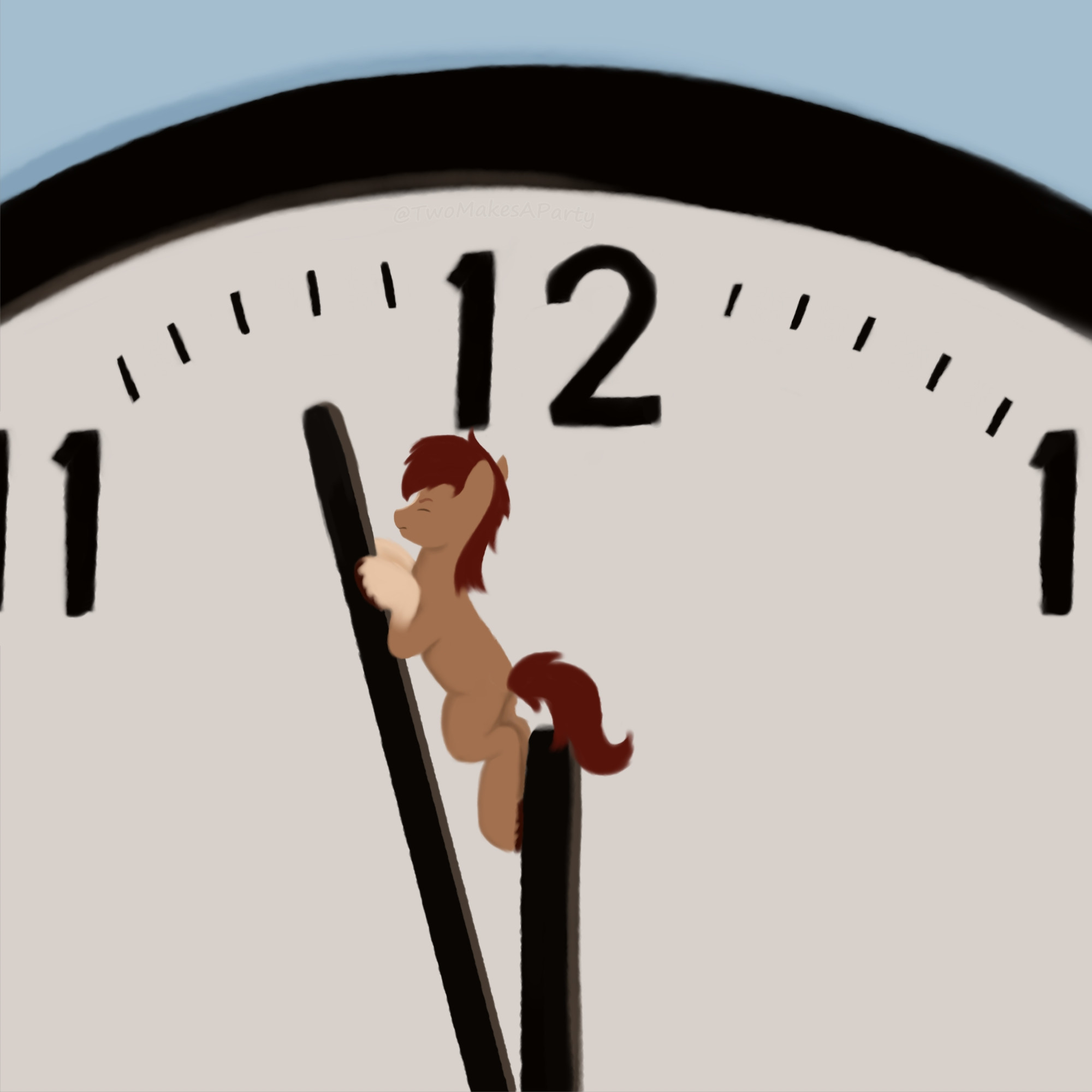 Digital Art: An mlp style earthpony, Red Bark, is attempting to stop the minute hand on a giant clock from ticking over to midnight.