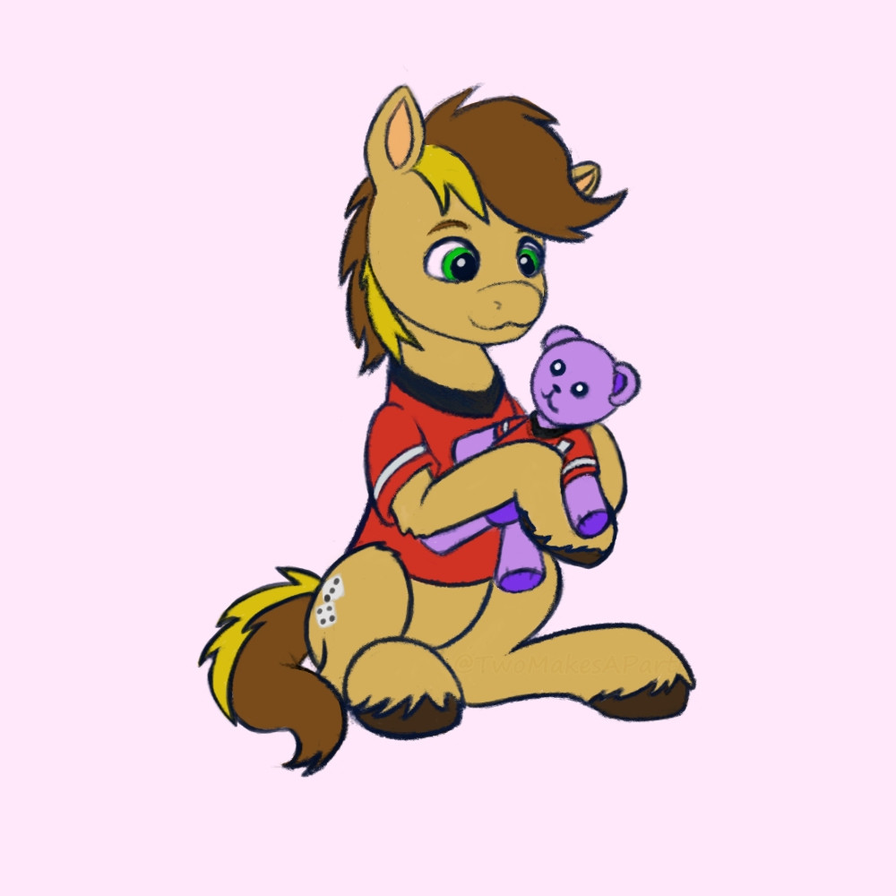 Digital Art: An mlp style earthpony oc wearing a Star Trek Original Series style red uniform, sits and hugs a purple teddy bear, which has a shirt of it's own.