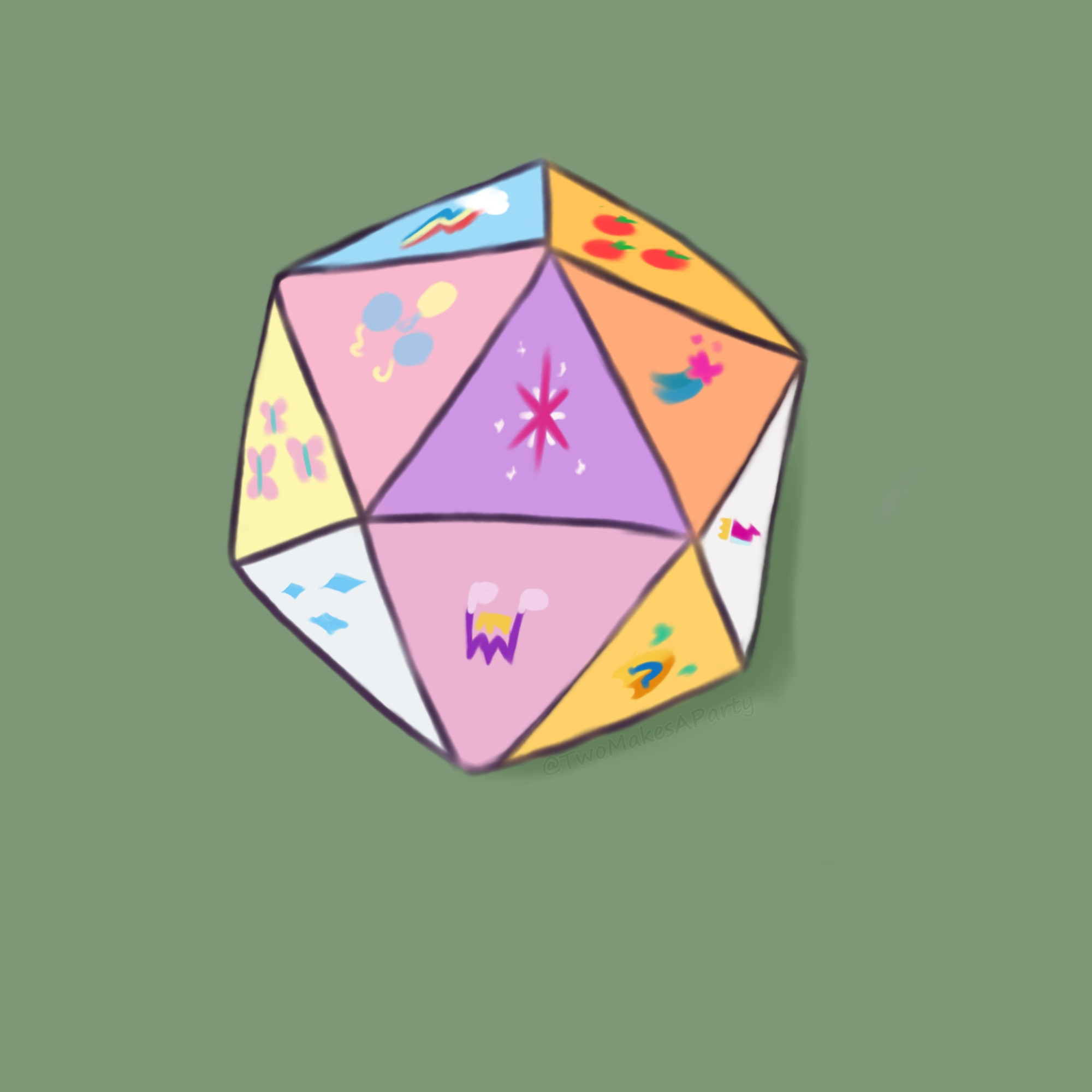 Digital Art: A drawing of a 20 sided die, with each face matching the color and cutiemark of main cast pony from g4 and g5.