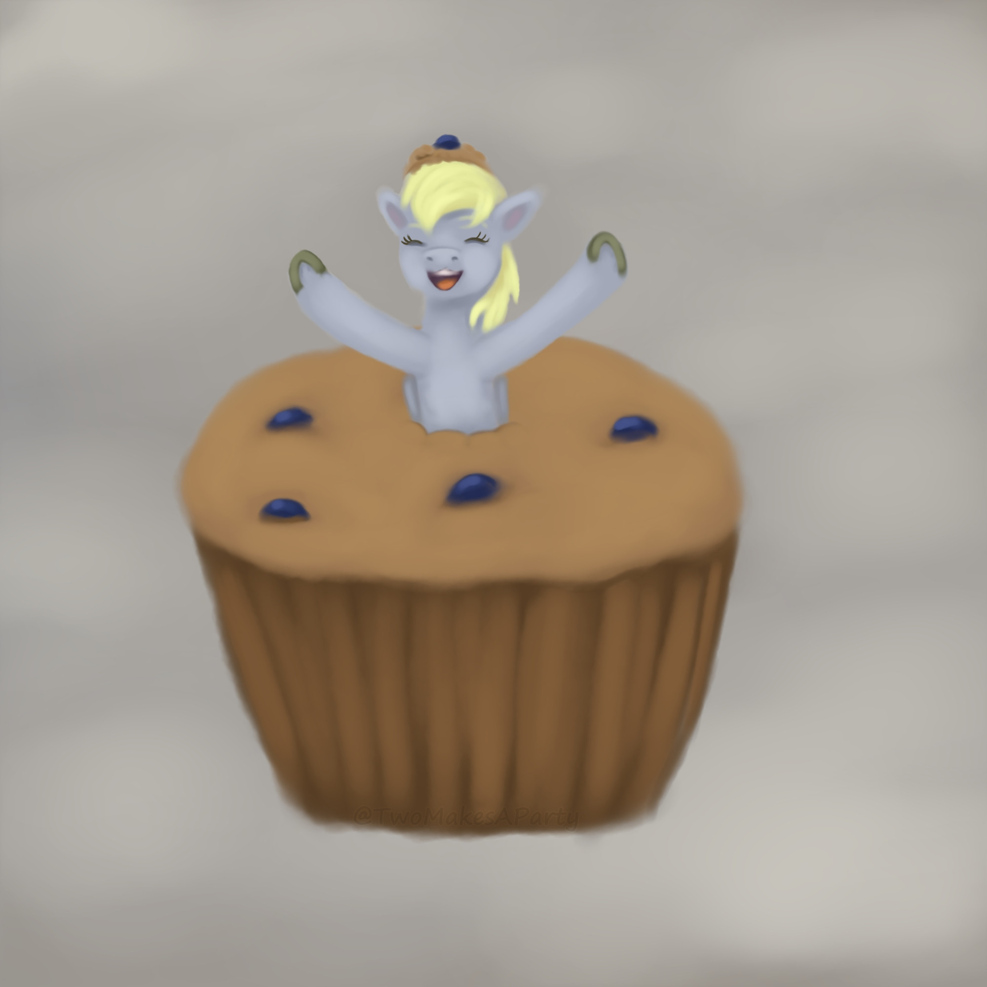 Digital Painting: Derpy from mlp is burst out of the top of a blueberry muffin with a little bit of it on her head, she looks very happy.