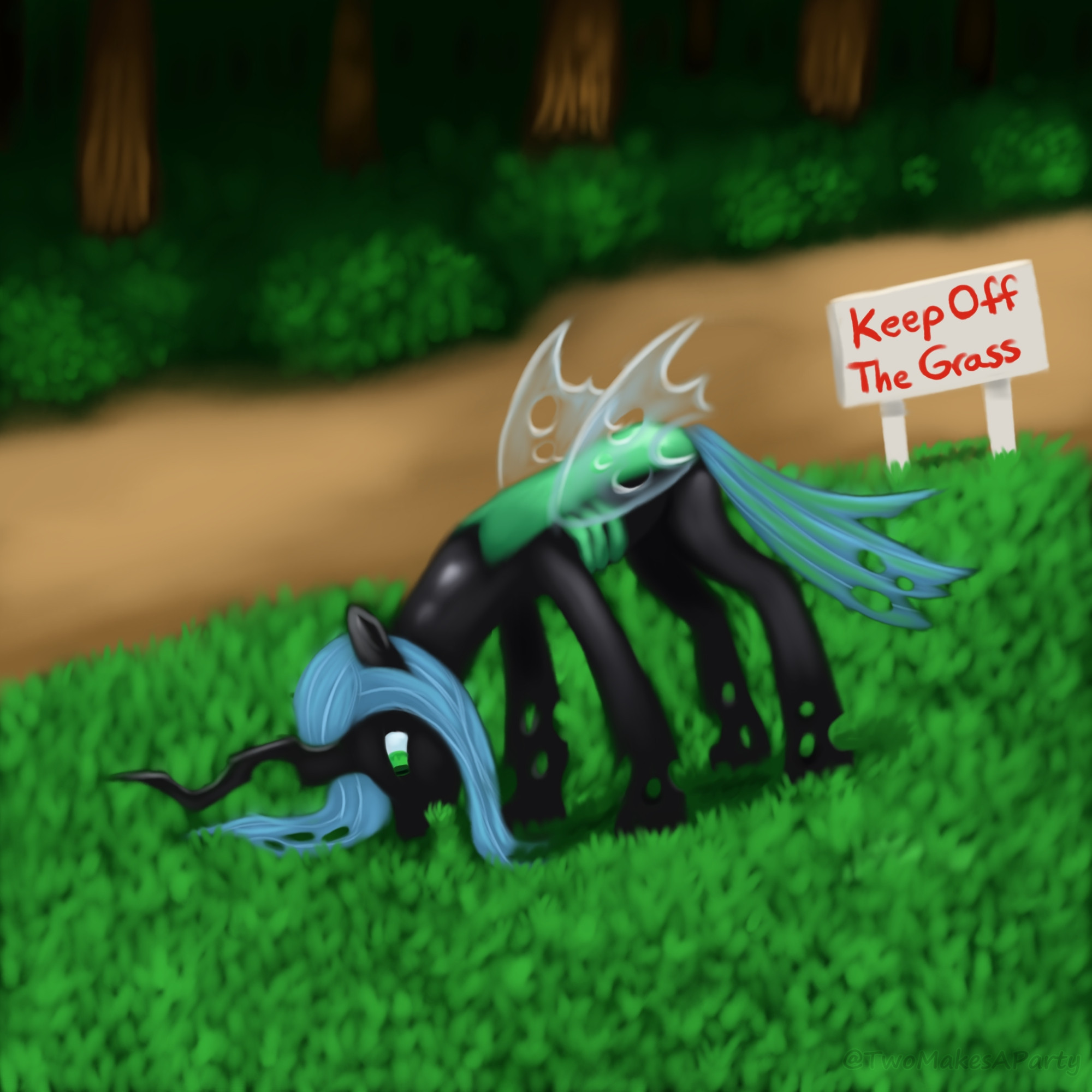 Digital Painting: Queen Chrysalis is standing in a patch of grass giving it a nibble, while a sign near by reads "Keep Off The Grass"