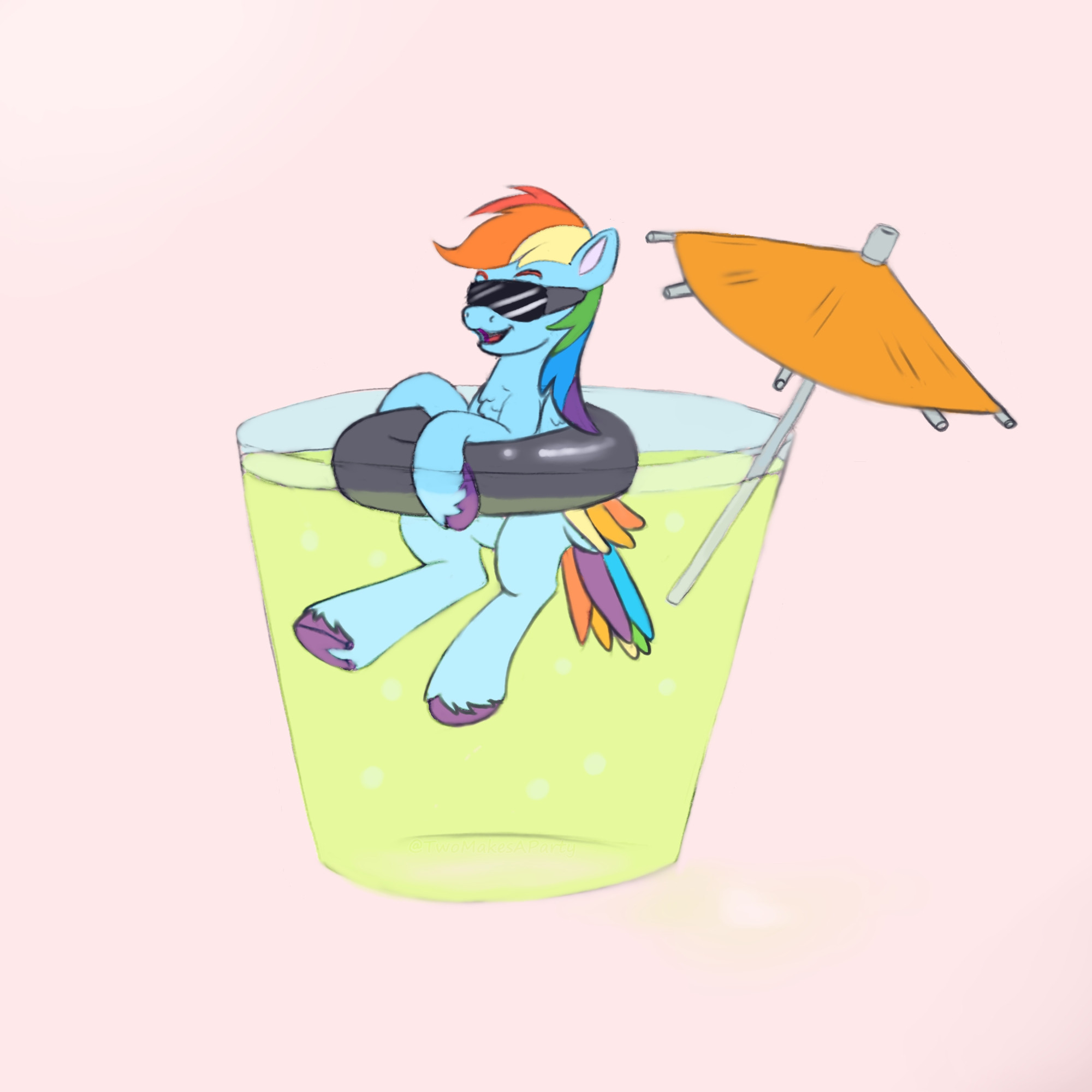 Digital Art; Rainbow dash is floating in a glass of limeade wearing an inner tube floaty, she is next to a orange umbrella.