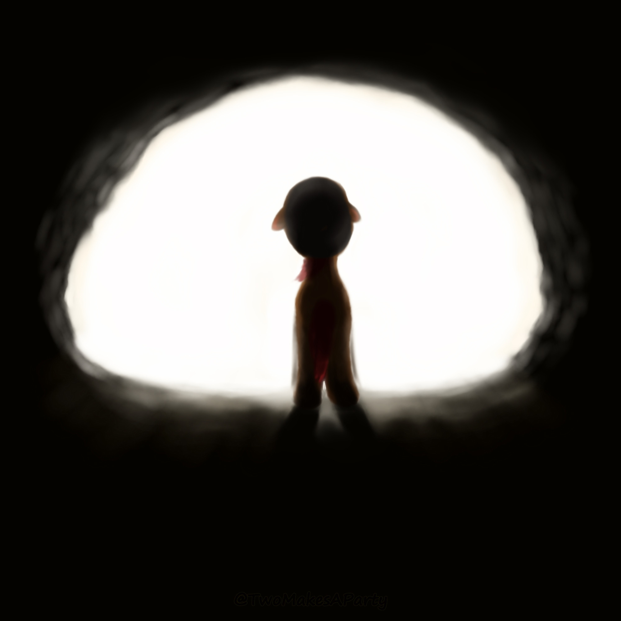 Digital Painting: A dark cave scene with a bright light coming in through the entrance, the cave is pitch black while the outside is almost pure white. An earthpony, Buckshot, with a cowboy hat is silhouetted by the bright light source facing away from the viewer and into the light.