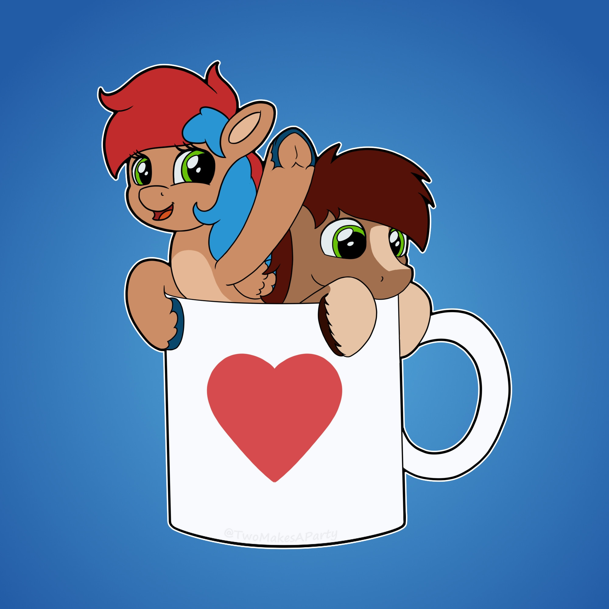 Digital art, two tiny ponies in a coffee mug. One is smiling and waving enthusiastically at you.  The other is peeking over the rim curiously.