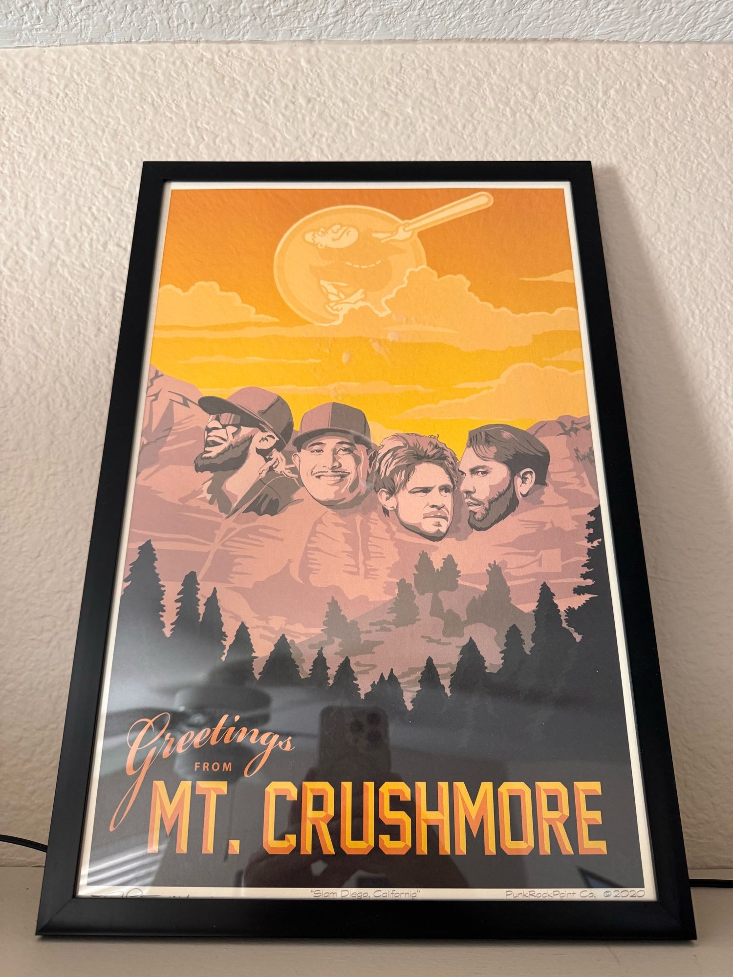 San Diego Padres fan art titled Welcome the Mt. Crushmore.  Poster includes Mt. Rushmore with 4 Padres player heads, from the 4 straight grand slams that led to Slam Diego.