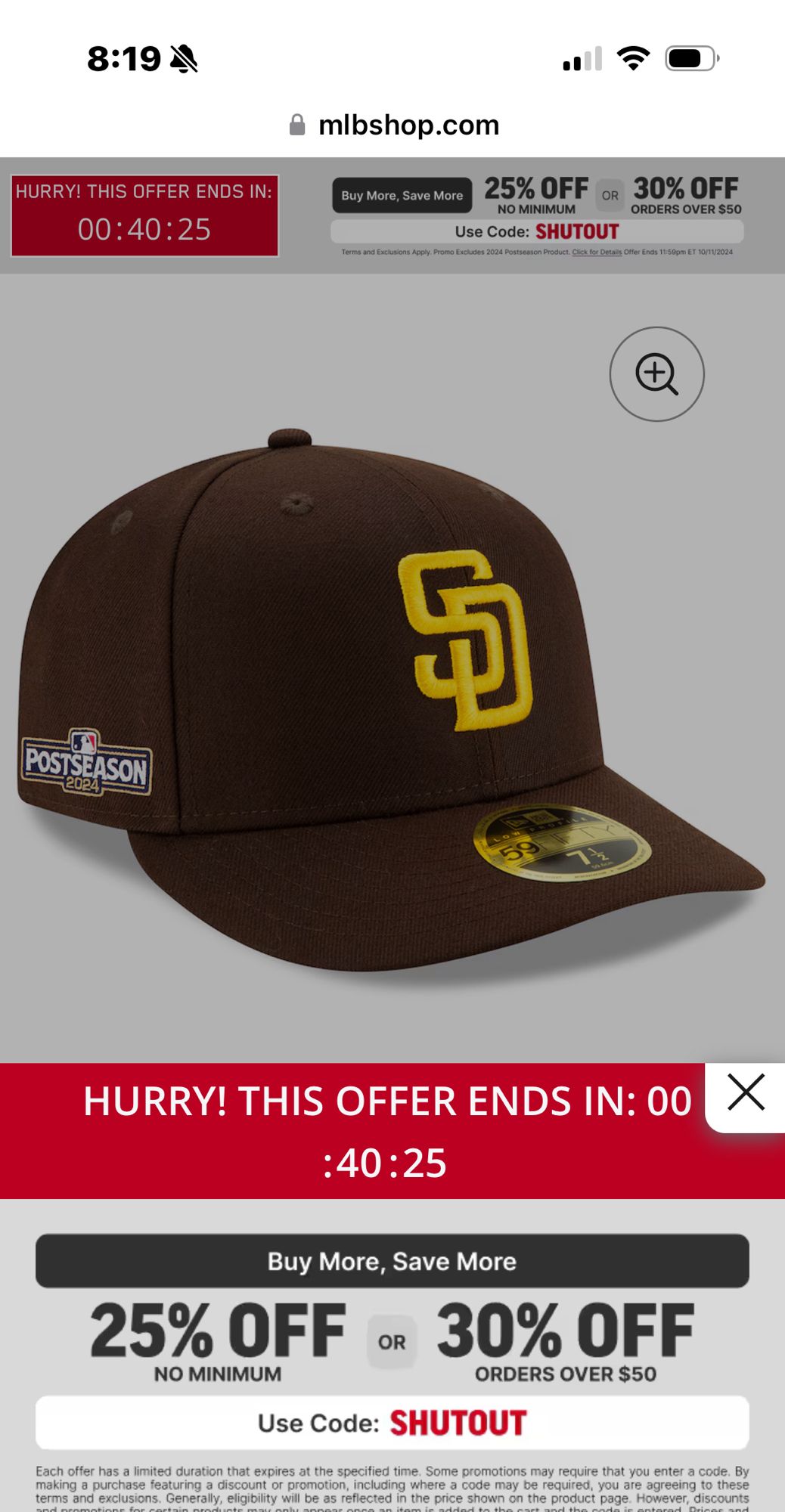 San Diego Padres cap on the team online shop immediately after losing the NLDS. Discount code is “SHUTOUT.”  