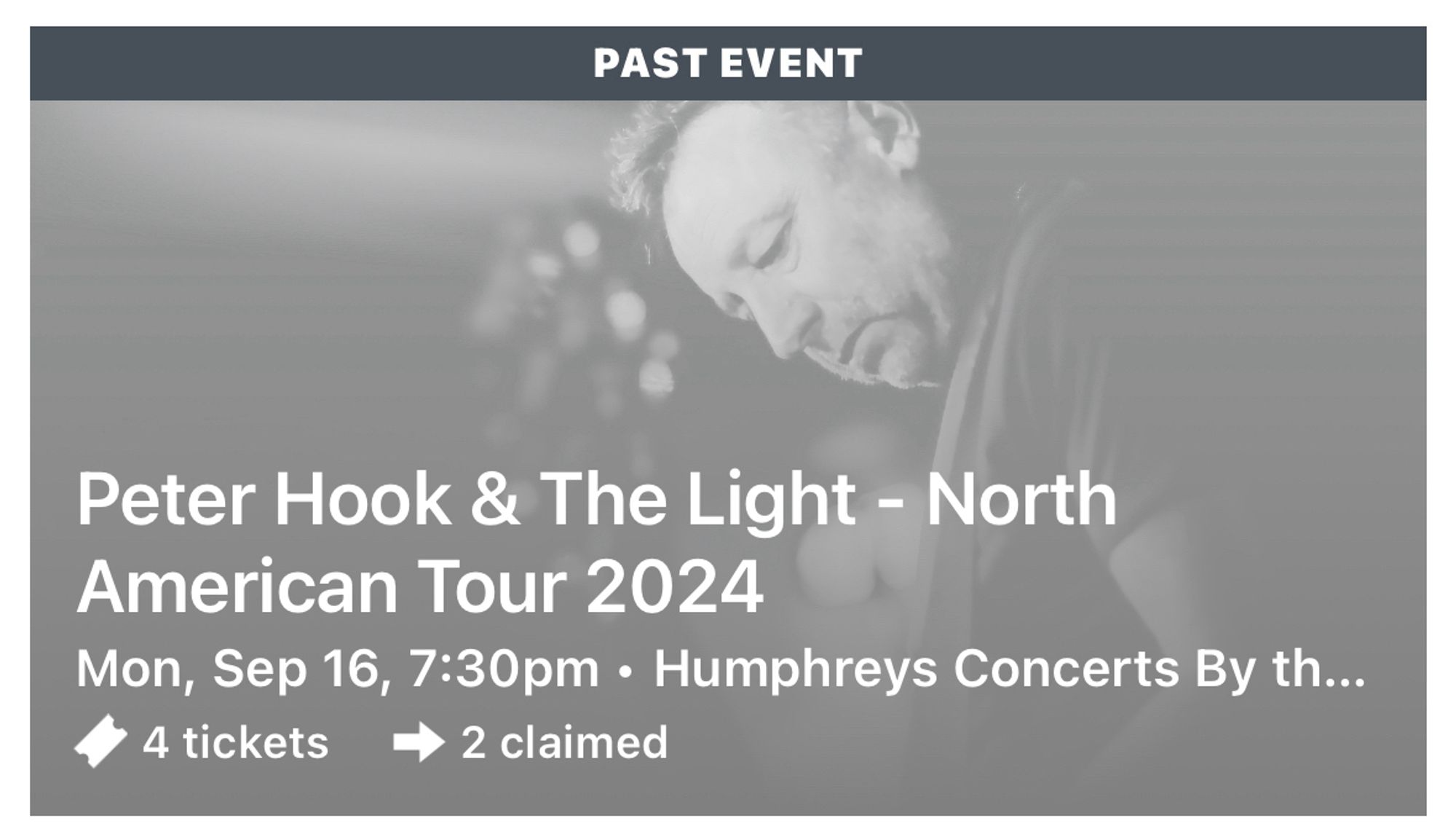 Ticketmaster app photo for Peter Hook & The Light’s September 16 show in San Diego.