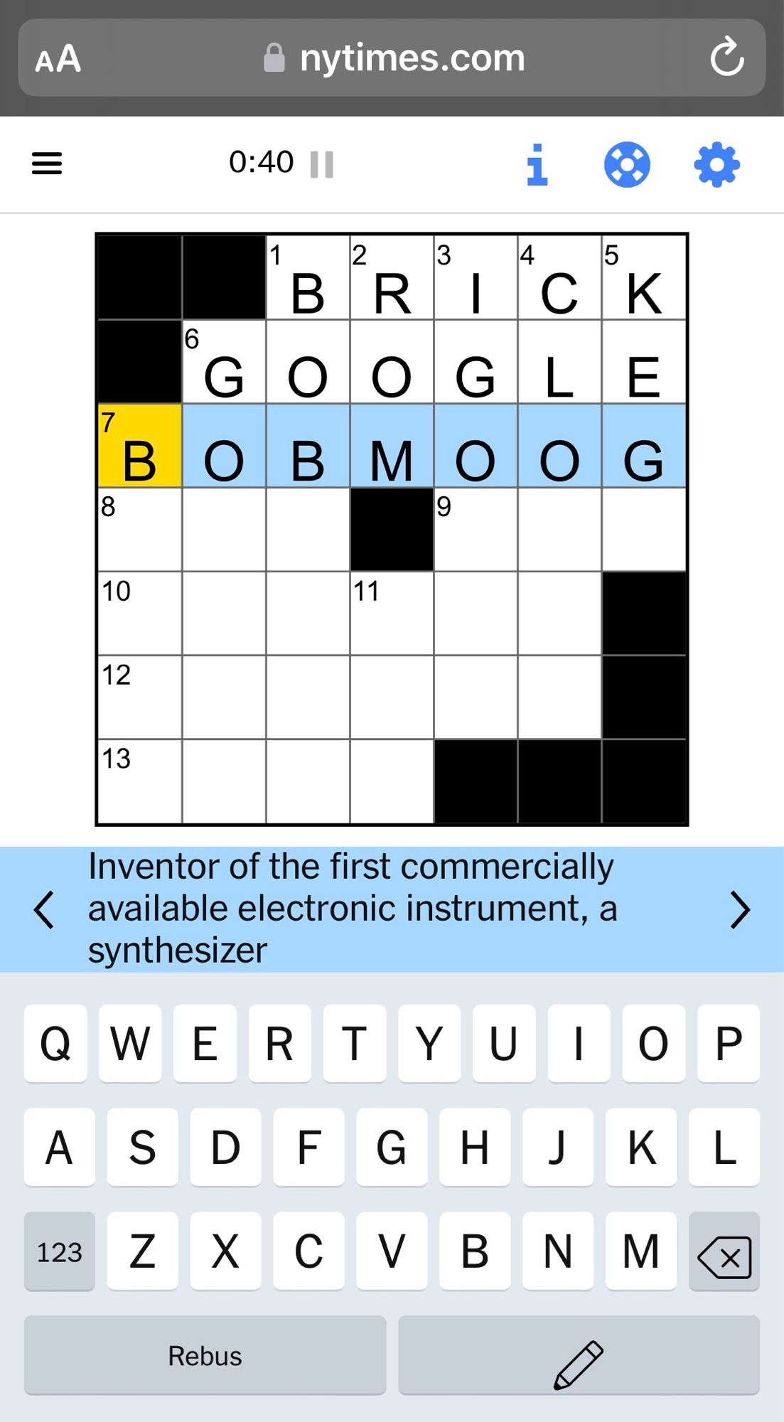 NYT mini crossword with clue, inventor of the first commercially available electronic, a synthesizer