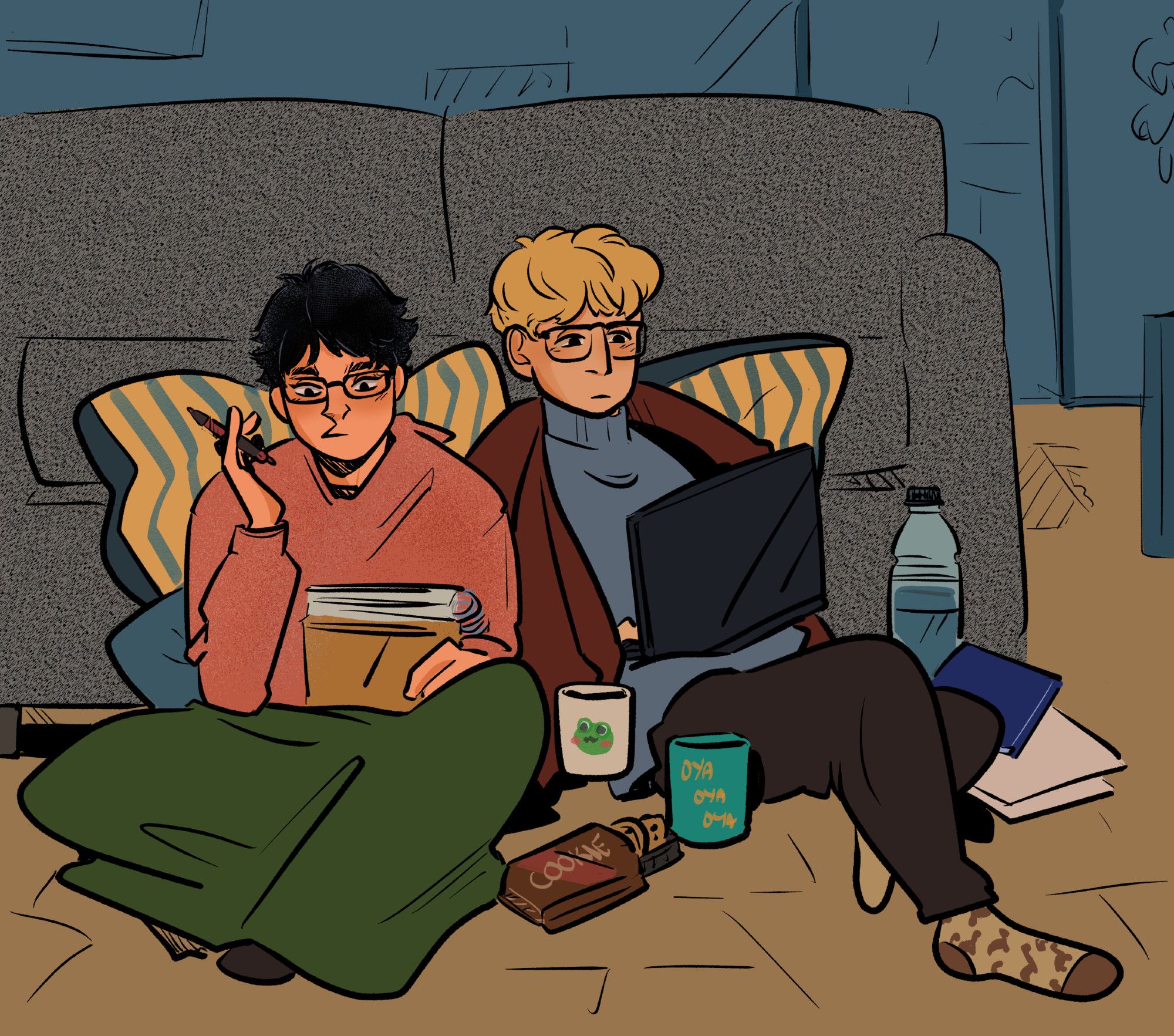 Illustration of Tsukishima and Akaashi from Haikyuu working comfortable together. They are sitting on the floor in front of a grey couch surrounded by cushions, coffee mugs and snacks. Akaashi has a blanket over his legs and Tsukki one over his shoulders.