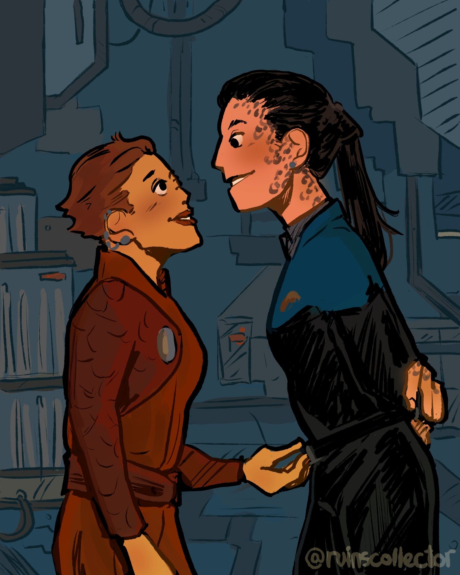 Knee-up profile digital illustration of Kira Nerys and Jadzia Dax from Star Trek DS9, they are in the middle of the station looking at each other with soft smiles and a light blush. Jadzia has her arms crossed behind her back, while Kira is reaching towards her with one of her hands.