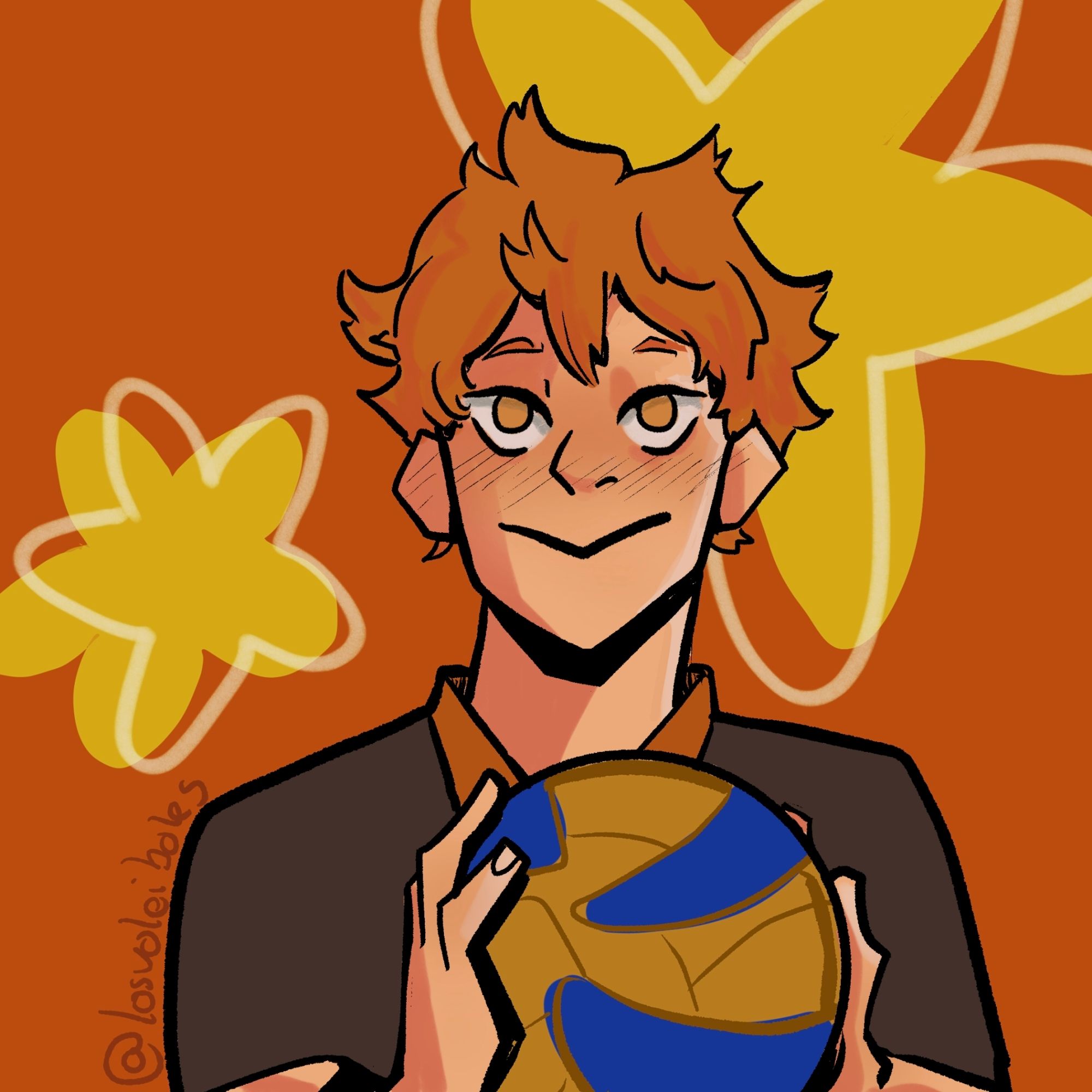 Color portrait of Hinata in his Karasuno uniform holding a volleyball ball and looking up at the viewer with a big smile. The background is bright orange with two yellow stars.