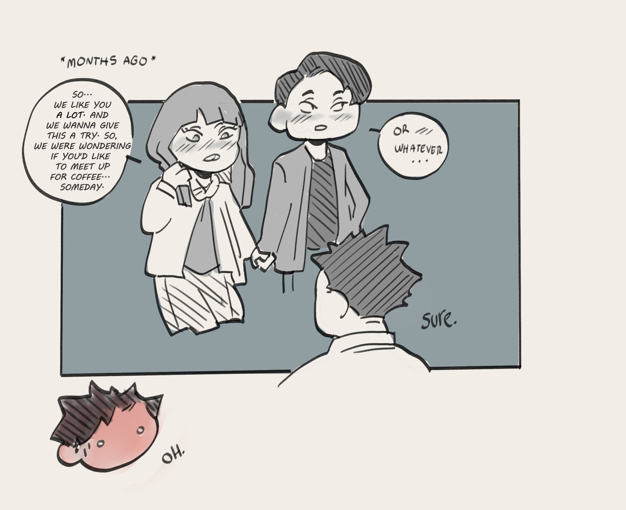 Panel of a flashback from months ago, showing Mika and Daishou nervous, holding hands while talking to Kuroo. Mika says: "So... We like you a lot. And want to give this a try. So, we were wondering if you want to meet up for coffee some day". 

 "Or whatever..."; Daishou adds looking to the side.

"Sure", Kuroo answers.

Out of the flashback, Kuroo's realization, a baffled "Oh."