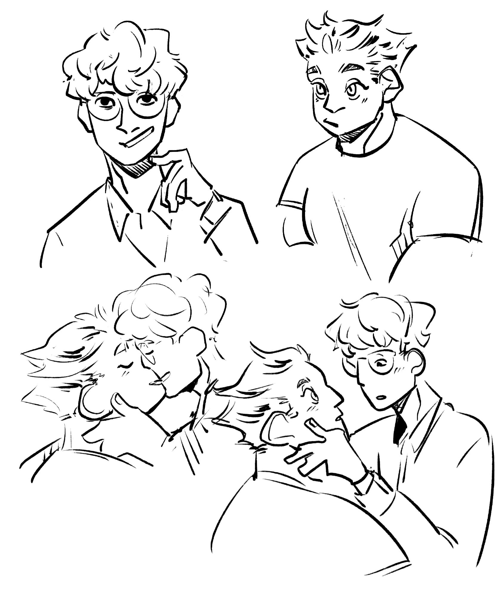 Four digital ink doodles: the first two of Bokuto pouting and Tsukki smirking, the other two of they about to kissing and then doing so.