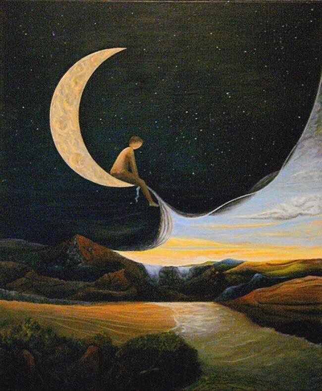 Art - a person sitting on a crescent moon, pulling back the night sky to reveal the sunrise. 
“Optimists enrich the present, enhance the future, challenge the improbable and attain the impossible.” ~ William Arthur
“The optimist proclaims that we live in the best of all possible worlds; and the pessimist fears this is true.” ~ James Branch Cabell 