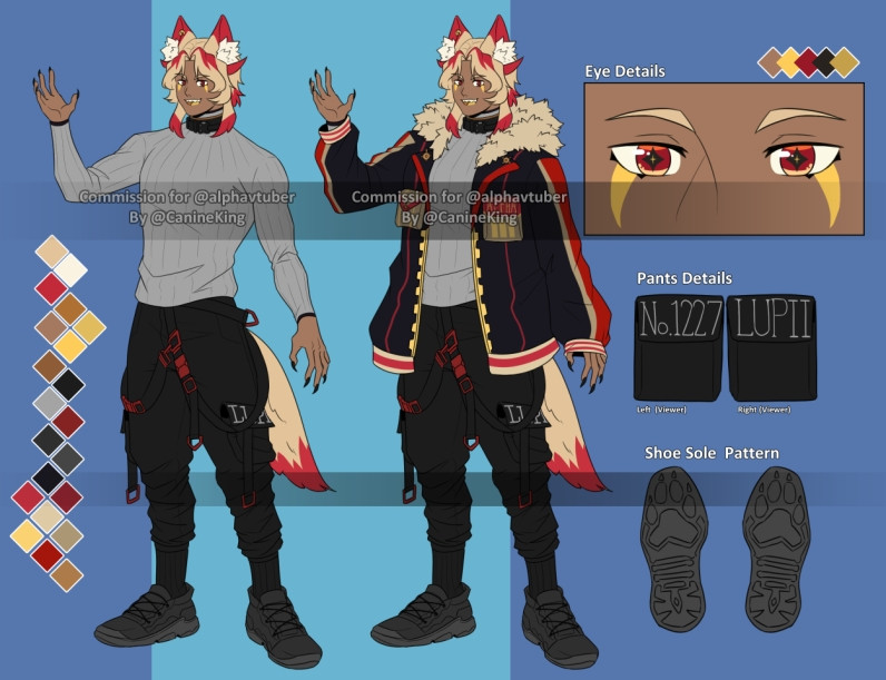 Image of Alpha's original Character sheet, done by canine king.bsky.social