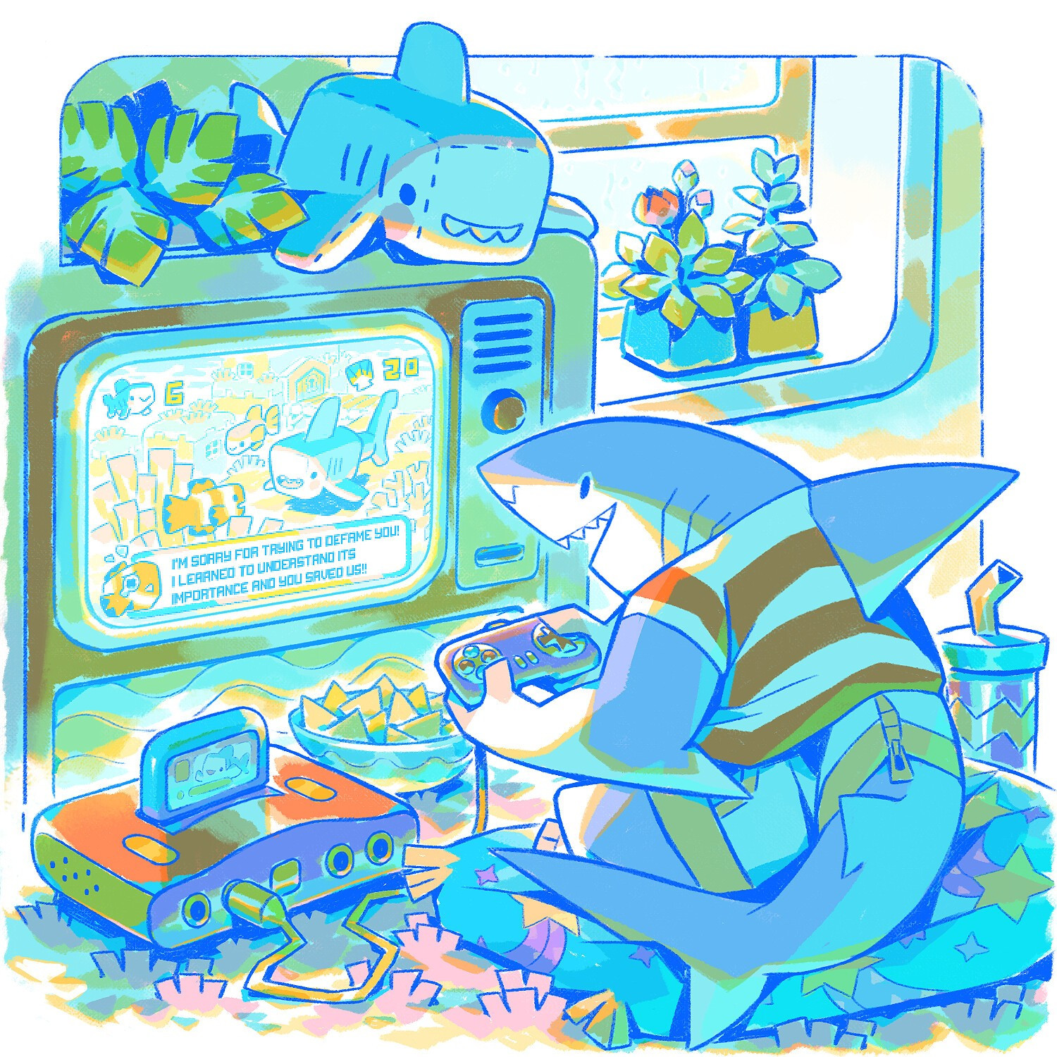 A juvenile shark sitting on a cushion in front of a retro television, playing a video game called "Square Sharky", surrounded by some snacks. There's a Square Sharky plush on top of the television. There's a window with two little plant pots, and it looks like it's raining outside.