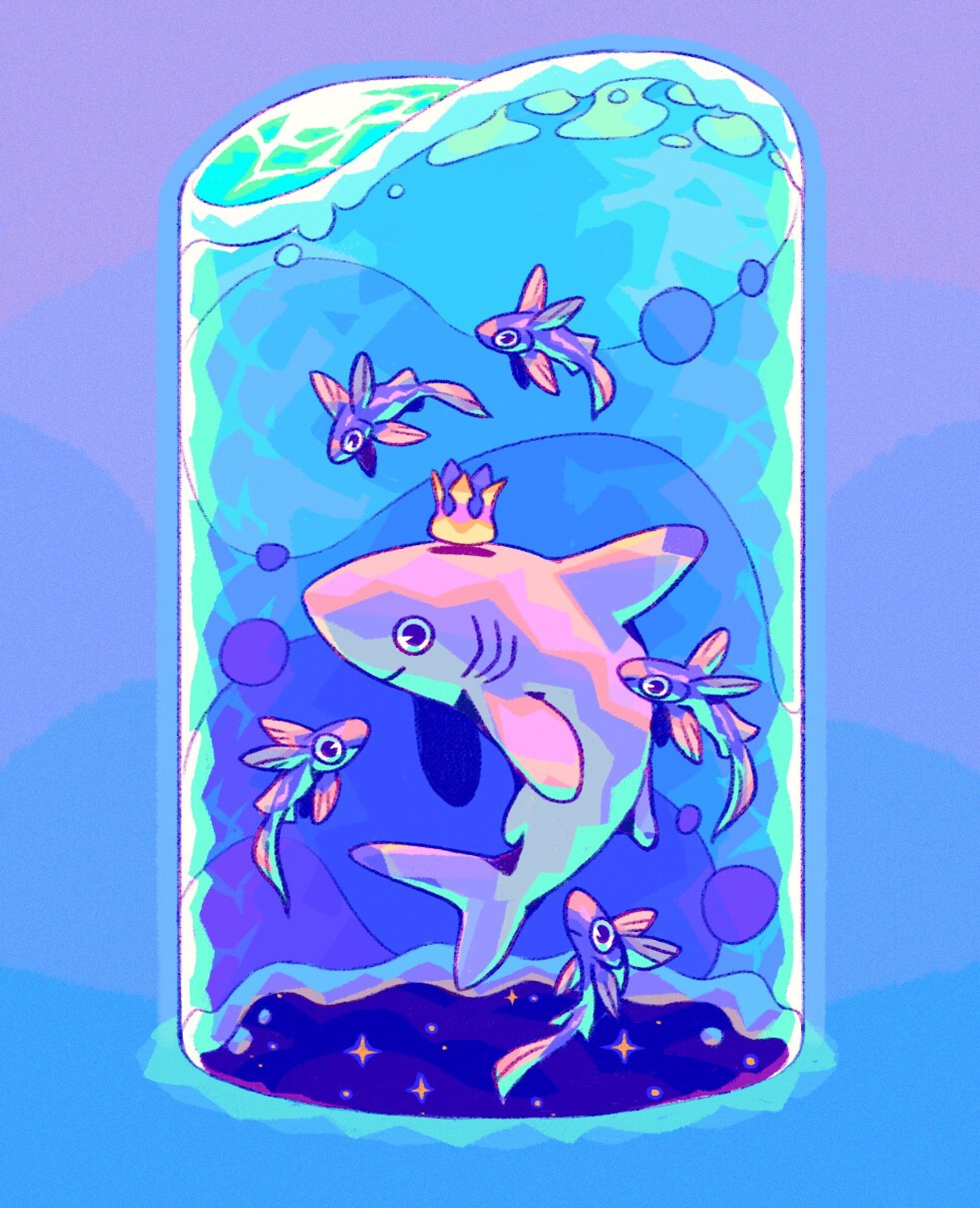 A little prince shark going through a cosmic portal that looks like a cylinder of water accompanied by little magical remoras.