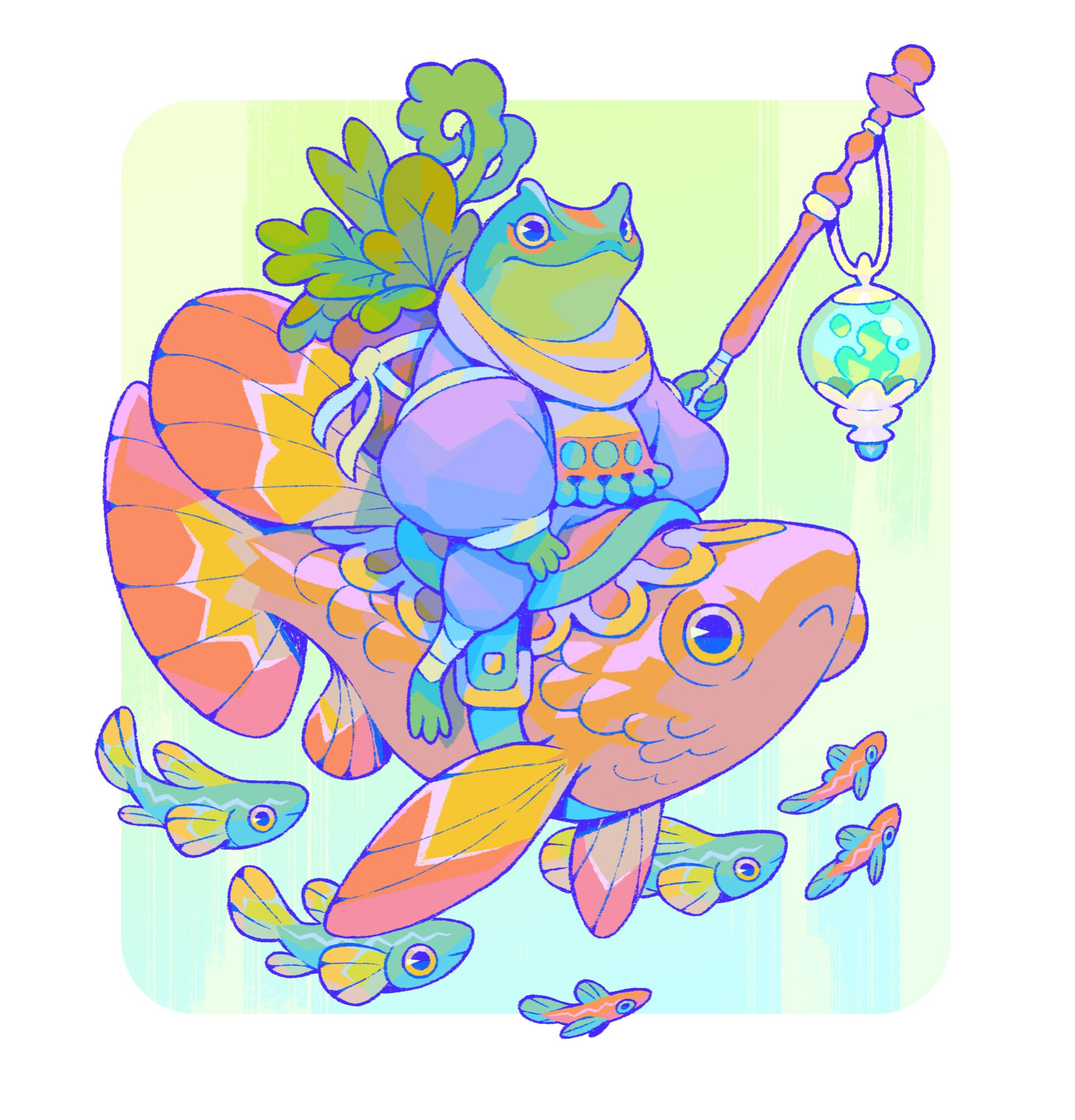 An algae-collecting frog riding a giant goldfish.