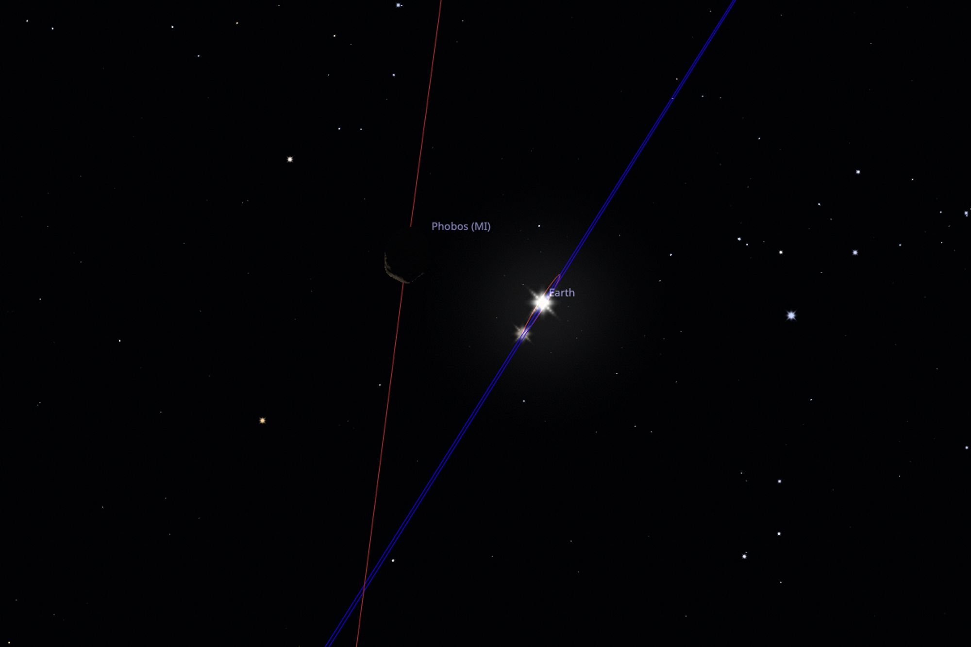 Animation réalisée avec le logiciel Stellarium montrant le mouvement relatif de Phobos et de la Terre lors de la conjonction du 5 septembre 2024 photographiée par le rover Curiosity (image 3/4). Phobos traverse le champ de vue de bas en haut, tandis que la Terre reste quasi-immobile.