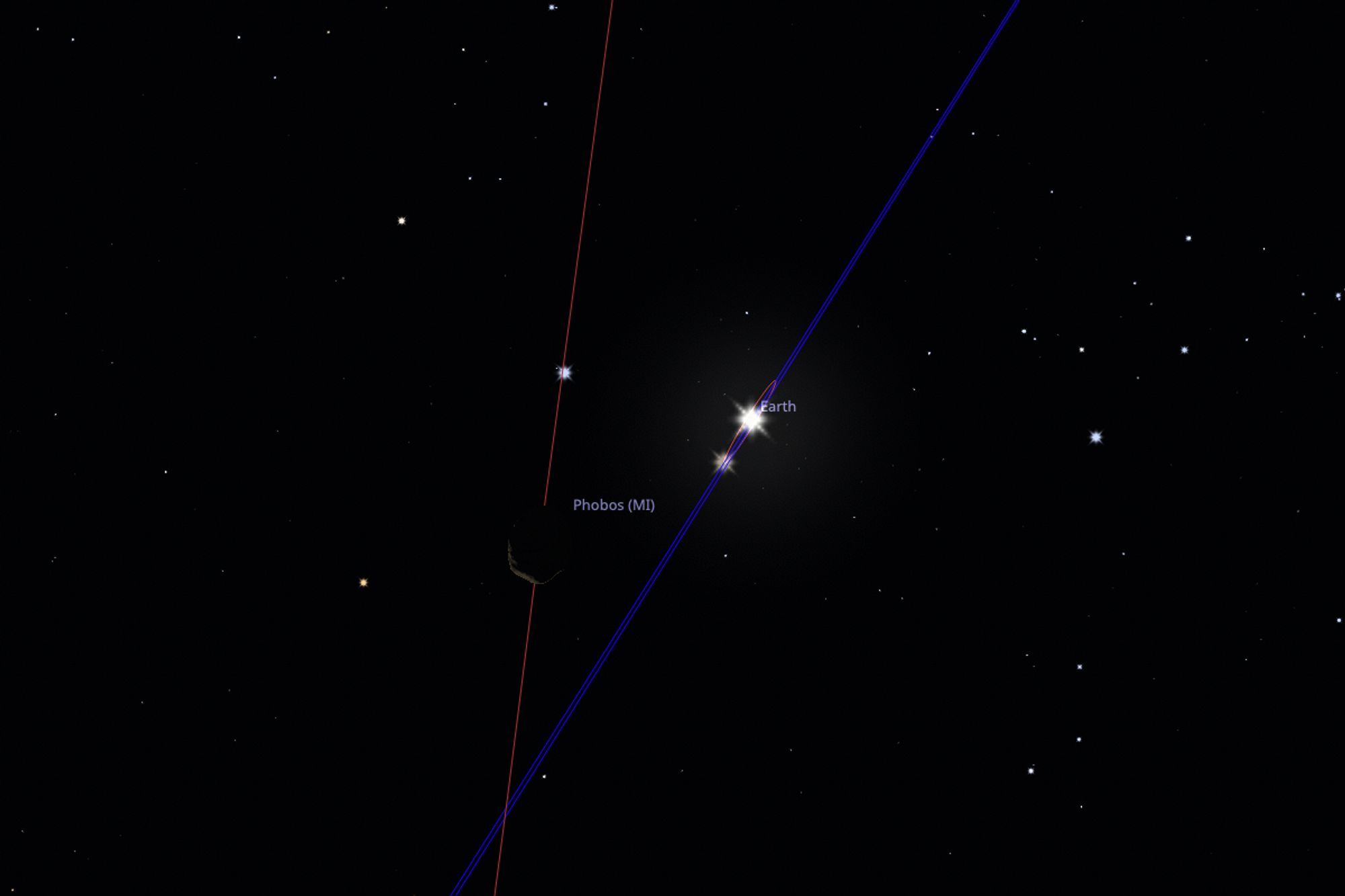 Animation réalisée avec le logiciel Stellarium montrant le mouvement relatif de Phobos et de la Terre lors de la conjonction du 5 septembre 2024 photographiée par le rover Curiosity (image 2/4). Phobos traverse le champ de vue de bas en haut, tandis que la Terre reste quasi-immobile.