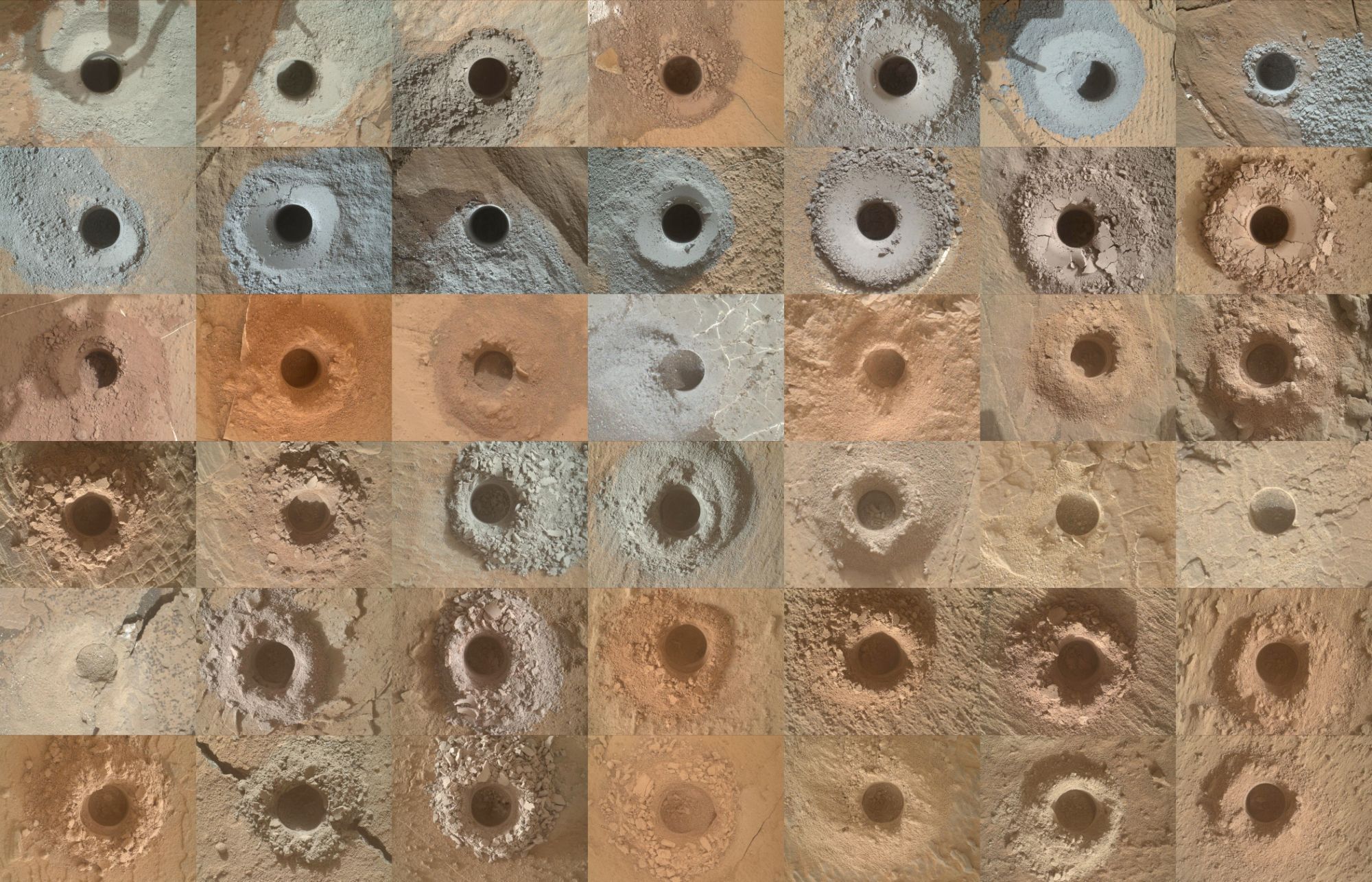 Assemblage de 42 images sous forme de grille, montrant les 42 trous de forage réalisés par le rover Curiosity sur Mars. Chaque trou est entouré d'un petit monticule de poudre de roche.