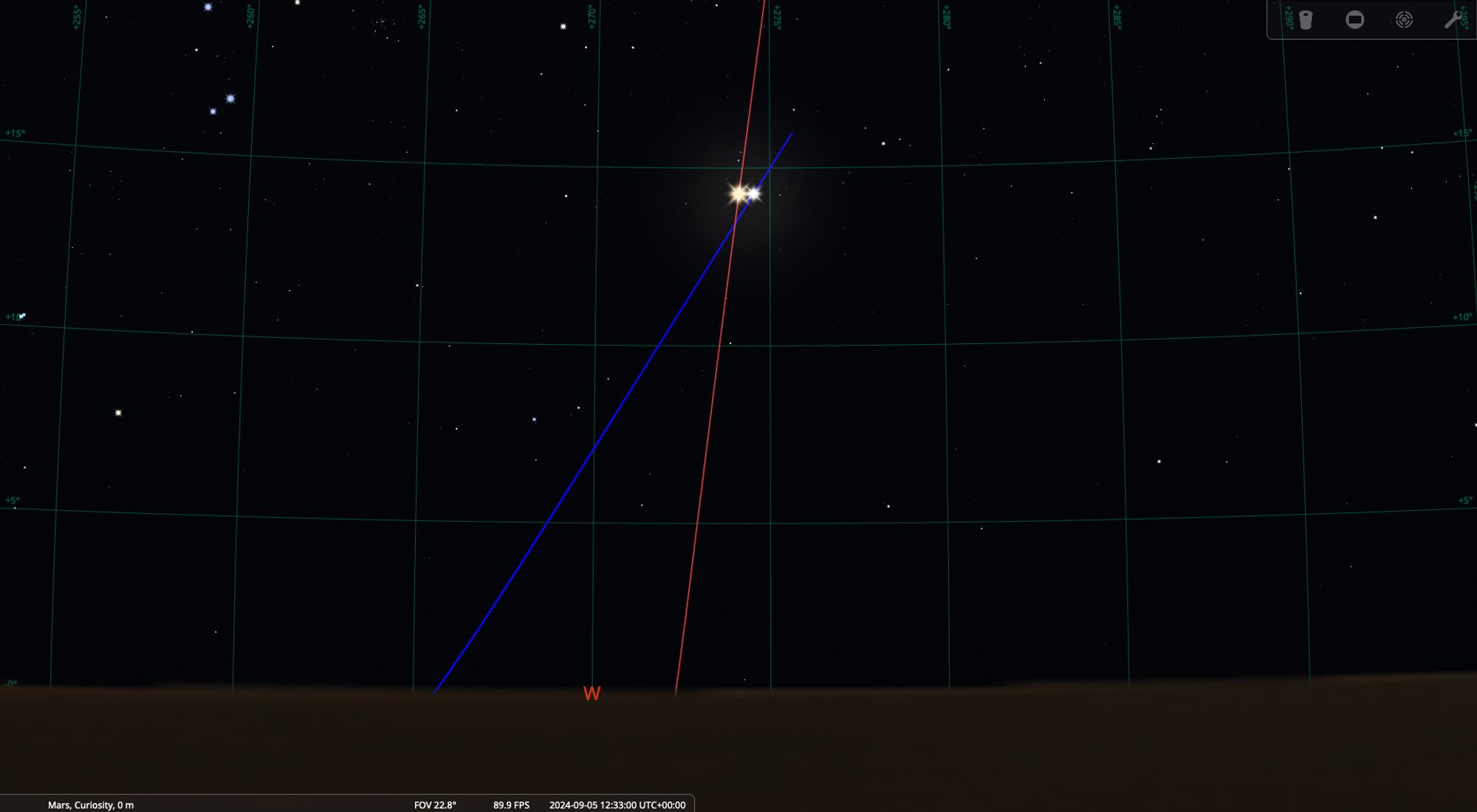 Capture d'écran du logiciel Stellarium, montrant Phobos et la Terre côte-à-côte dans le ciel martien. L'orbite de la Terre, tracée en bleu, forme un angle d'environ 45° avec l'horizon. L'orbite de Phobos, tracée en rouge, est beaucoup plus proche de la verticale.