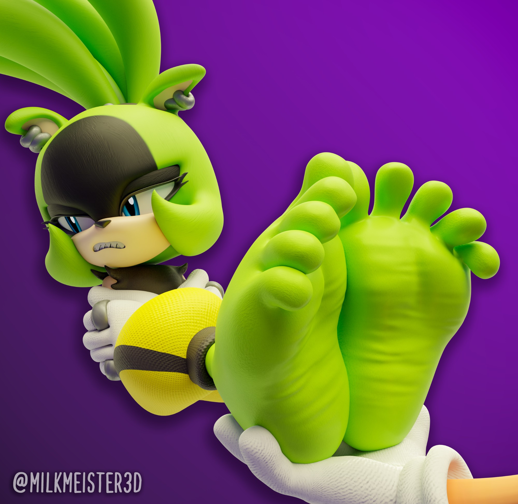 Surge embarrassed as a certain blue hedgehog holds up her feet in one hand