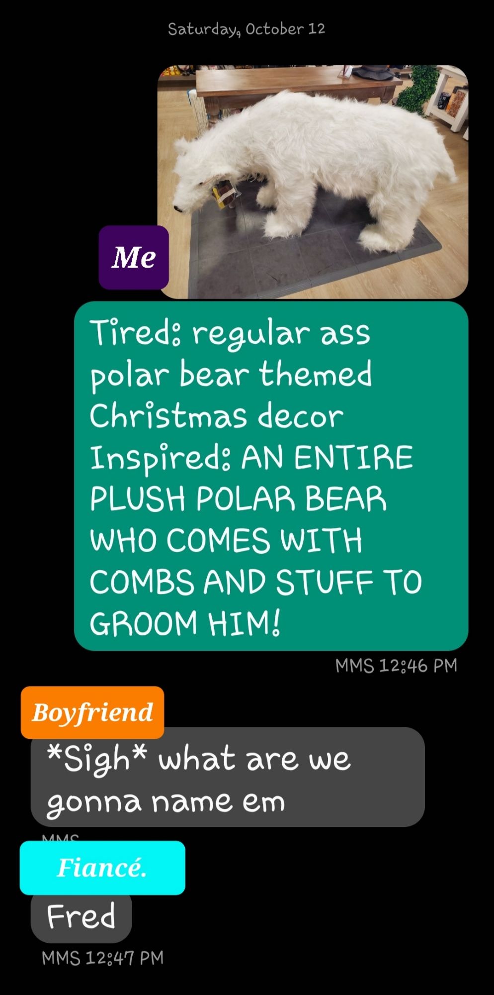 Screen grab of a text message conversation between myself and my two partners. 

Me: (photo of a plush polar bear tree size of a medium dog on display at the store) "Tired: regular ass polar bear themed Christmas decor
Inspired: AN ENTIRE PLUSH POLAR BEAR WHO COMES WITH COMBS AND STUFF TO GROOM HIM!"

Boyfriend: "*Sigh* what are we gonna name em"

Fiancé: "Fred"