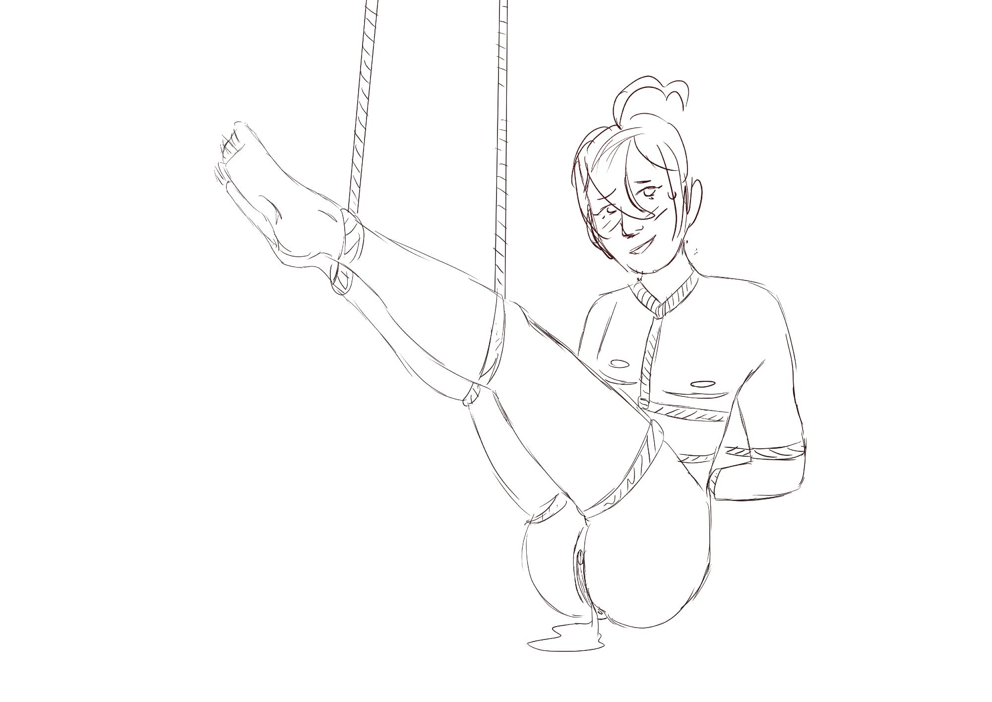 lineart art of shuichi saihara of danganronpa v3 being help swith legs up by bondage ropes and creampied. He is trans with top sugery scars.