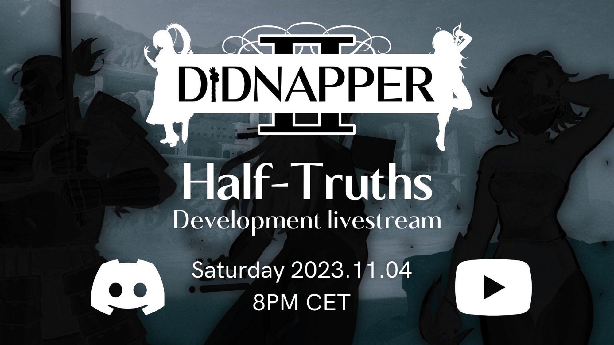 Announcement graphic for Didnapper 2's upcoming development livestream, on Nov. 4, at 8PM CET, on Discord and Youtube.