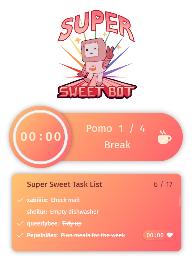 The logo of "Super Sweet Bot" (showing a friendly little robot). Below are two elegant widgets in peachy colors: a pomodoro timer and a task list.