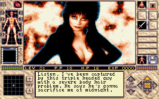 Ingame scene from the game "Elvira II: The Jaws of Cerberus", showing the main character Elvira.