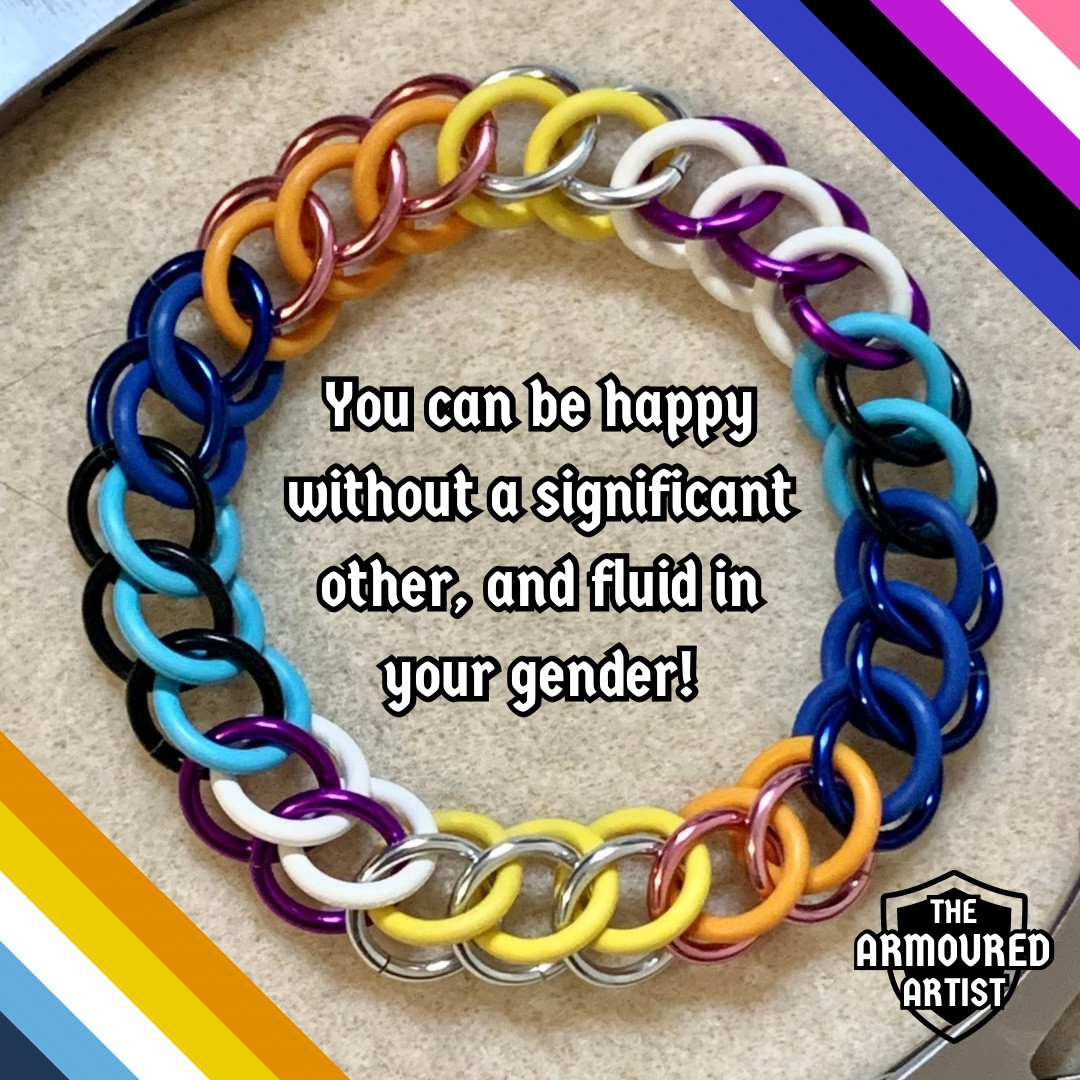 A stretchy chainmail bracelet in genderfluid and aroace pride colours with the following words inside the circle of the bracelet: You can be happy without a significant other, and fluid in your gender!