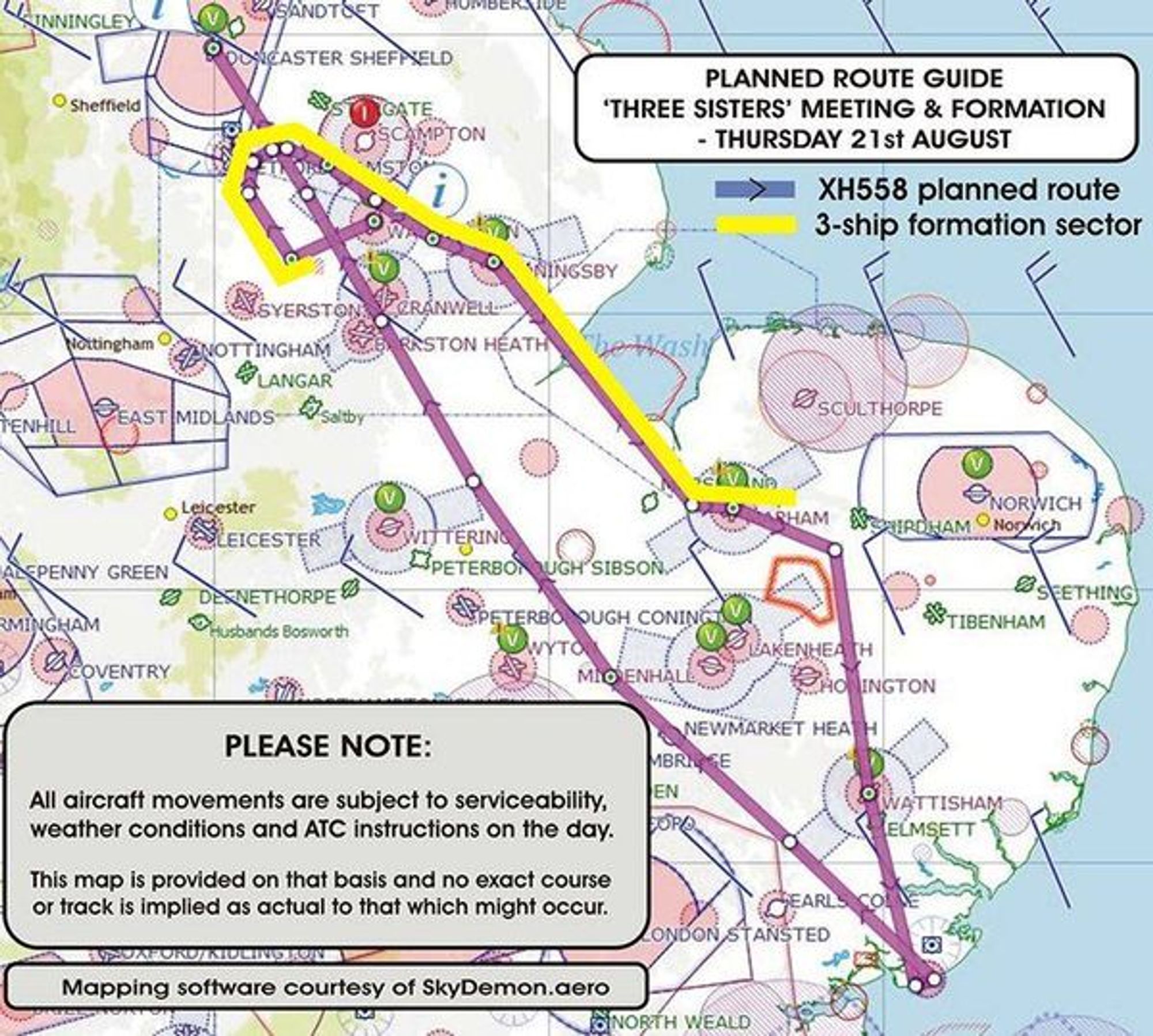 Map showing the route the aircraft took over Lincolnshire and Norfolk.
Images from the Vulcan XH558 Facebook page