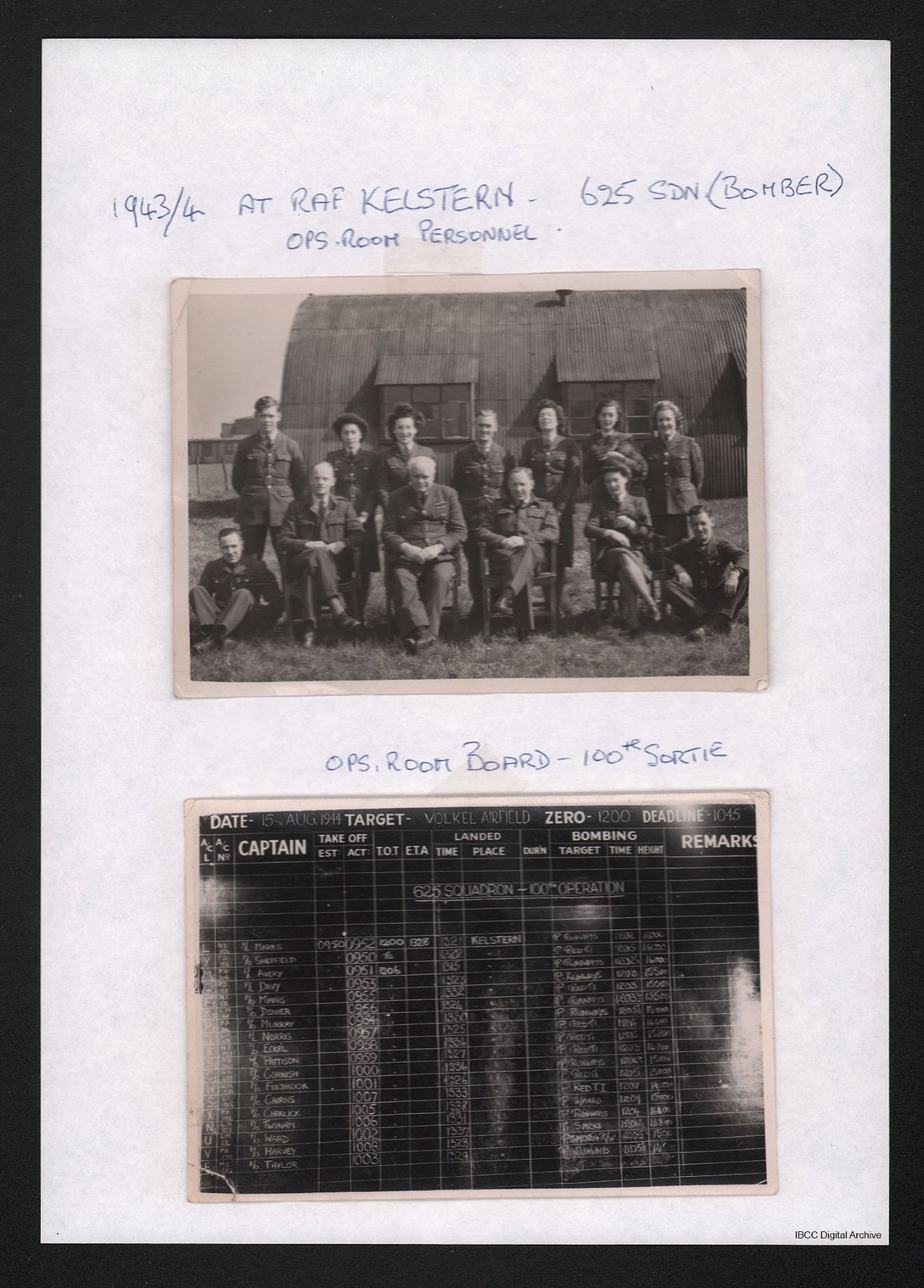 RAF Kelstern Ops room personnel and 100th sortie board.
Two photographs taken at RAF Kelstern, 1943/4 625 Sqdn (Bomber).
#1 is a group of airmen and WAAFs arranged in two rows. It is annotated as Ops room personnel.
#2 is the Ops room board with details of the 100th sortie.  18 aircraft took off and returned safely.
This will be added to the IBCC Digital Archive soon.