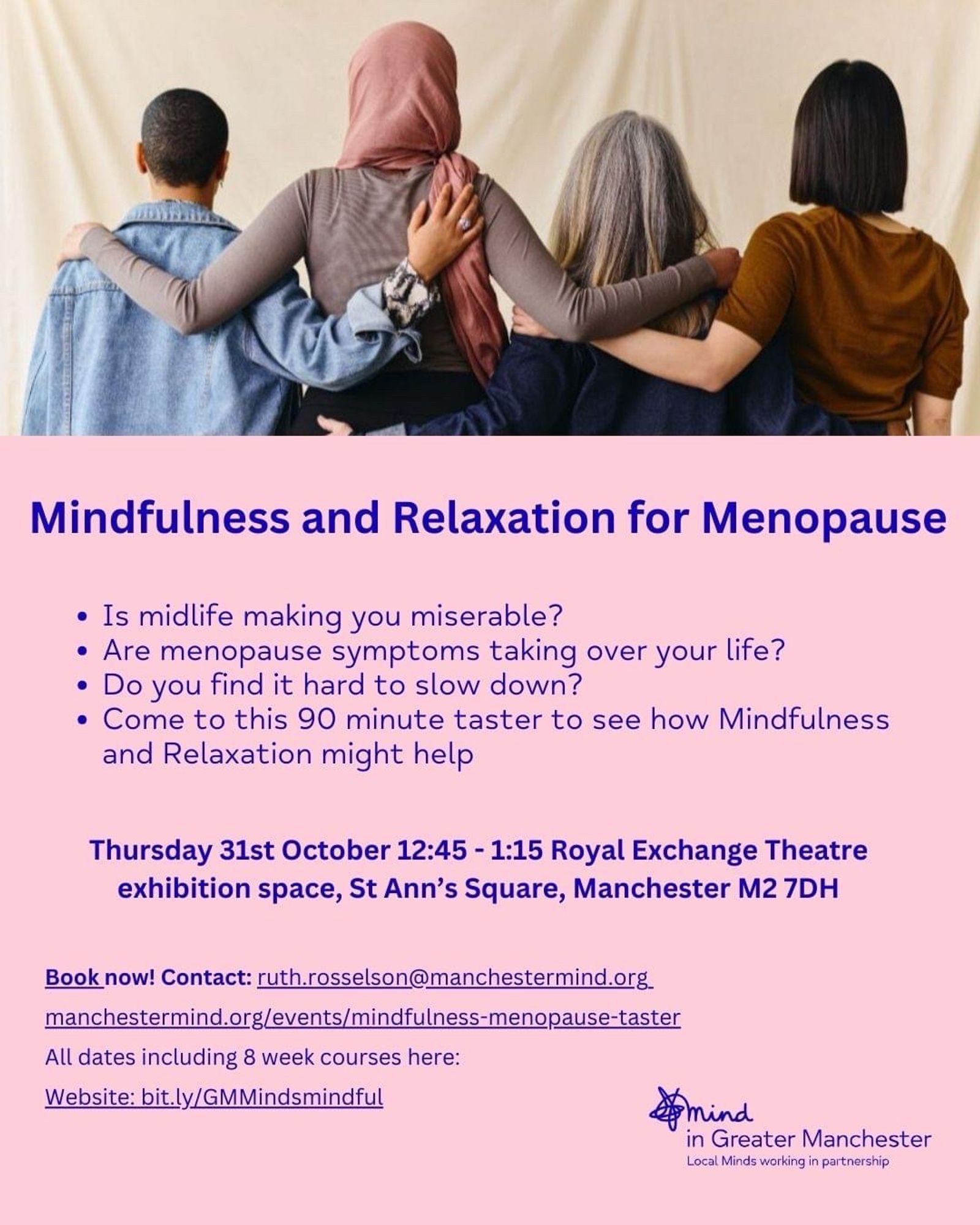 Poster displaying information for the mindfulness and relaxation workshop. All details are on the Manchester mind website