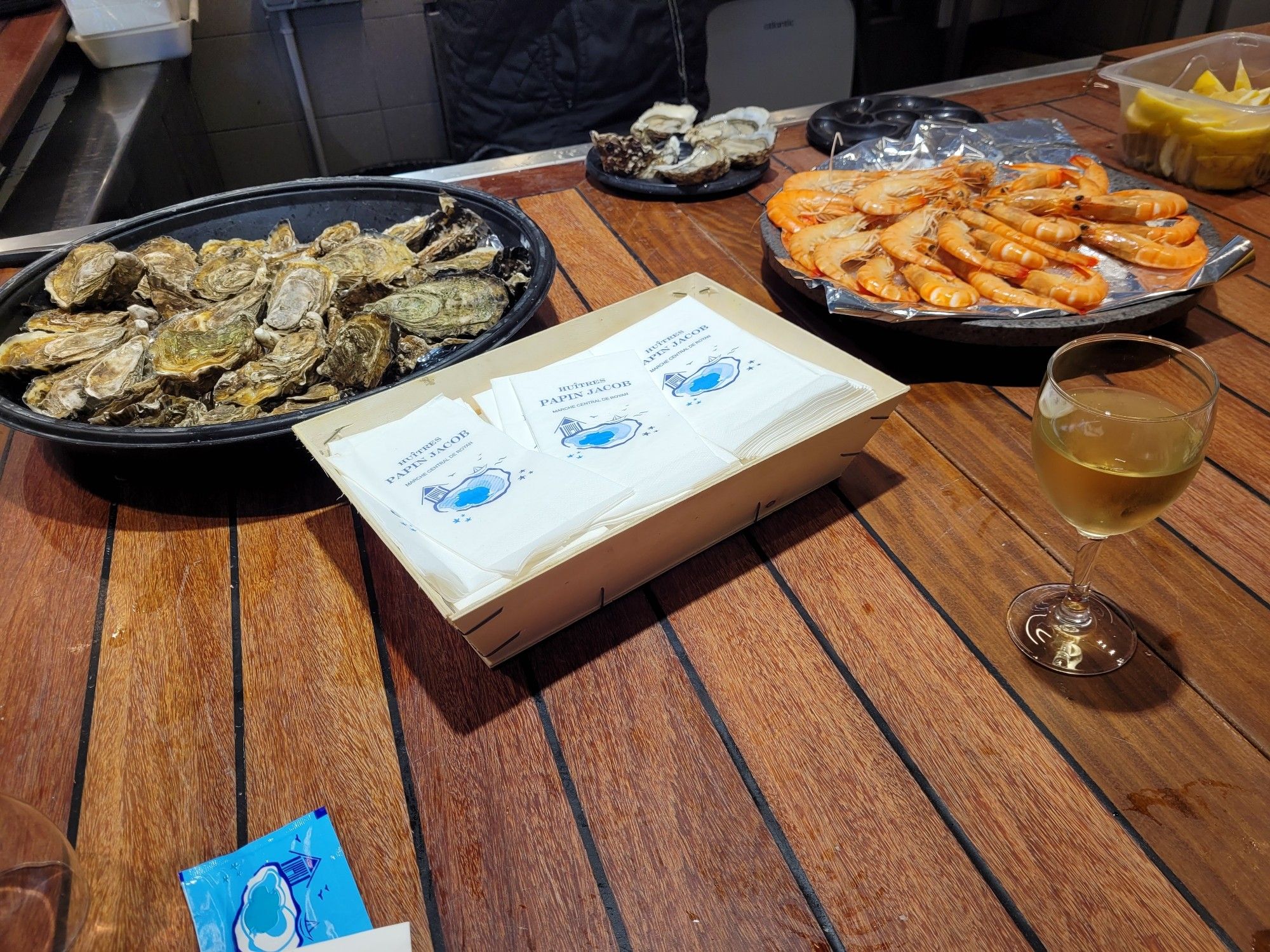 Oysters and prawns and wine.