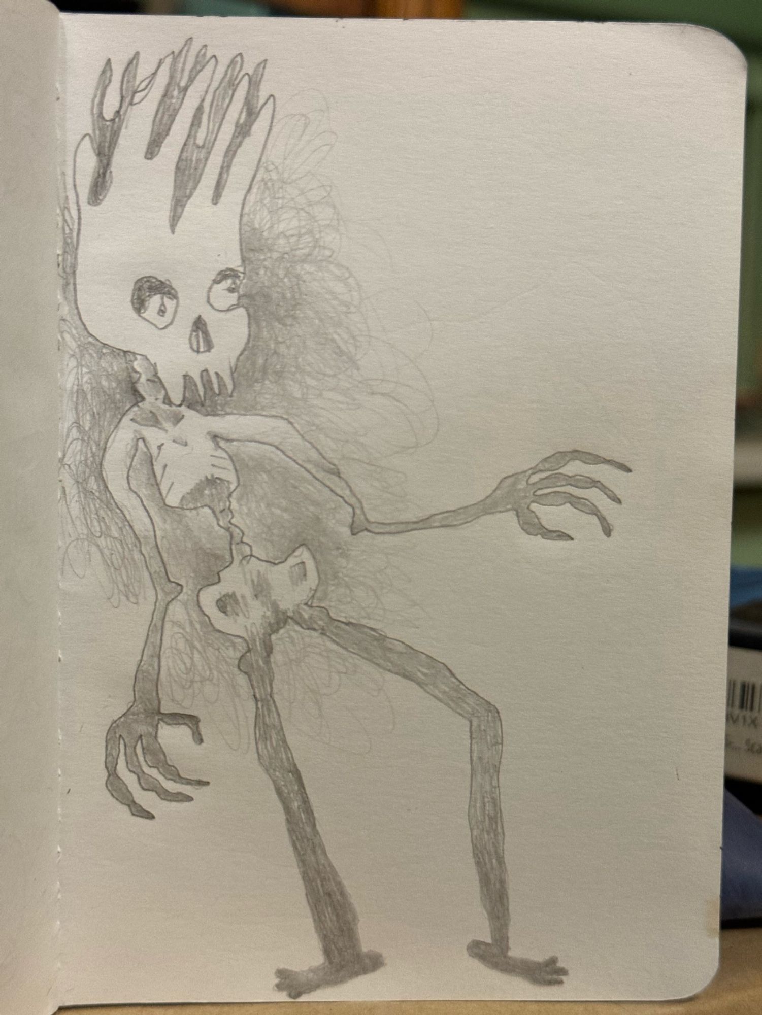 A sketchbook page with a pencil sketch. A demon skeleton figure with dark appendages and a crowned skull