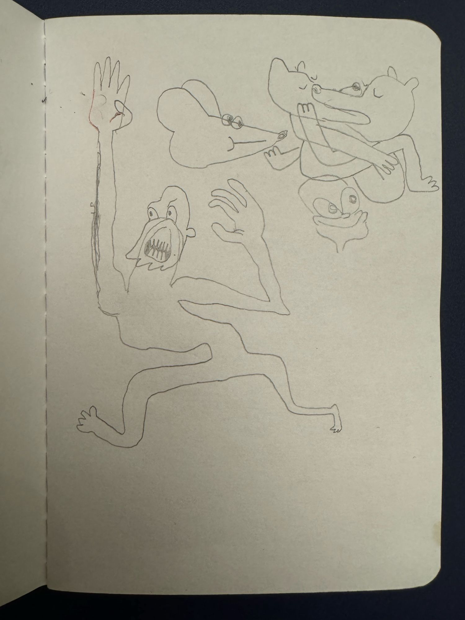 Pencil sketches. A weird gangly bearded man running. A mouse looking. Two critters tangled and kissing. A strange big eyed face smiling.