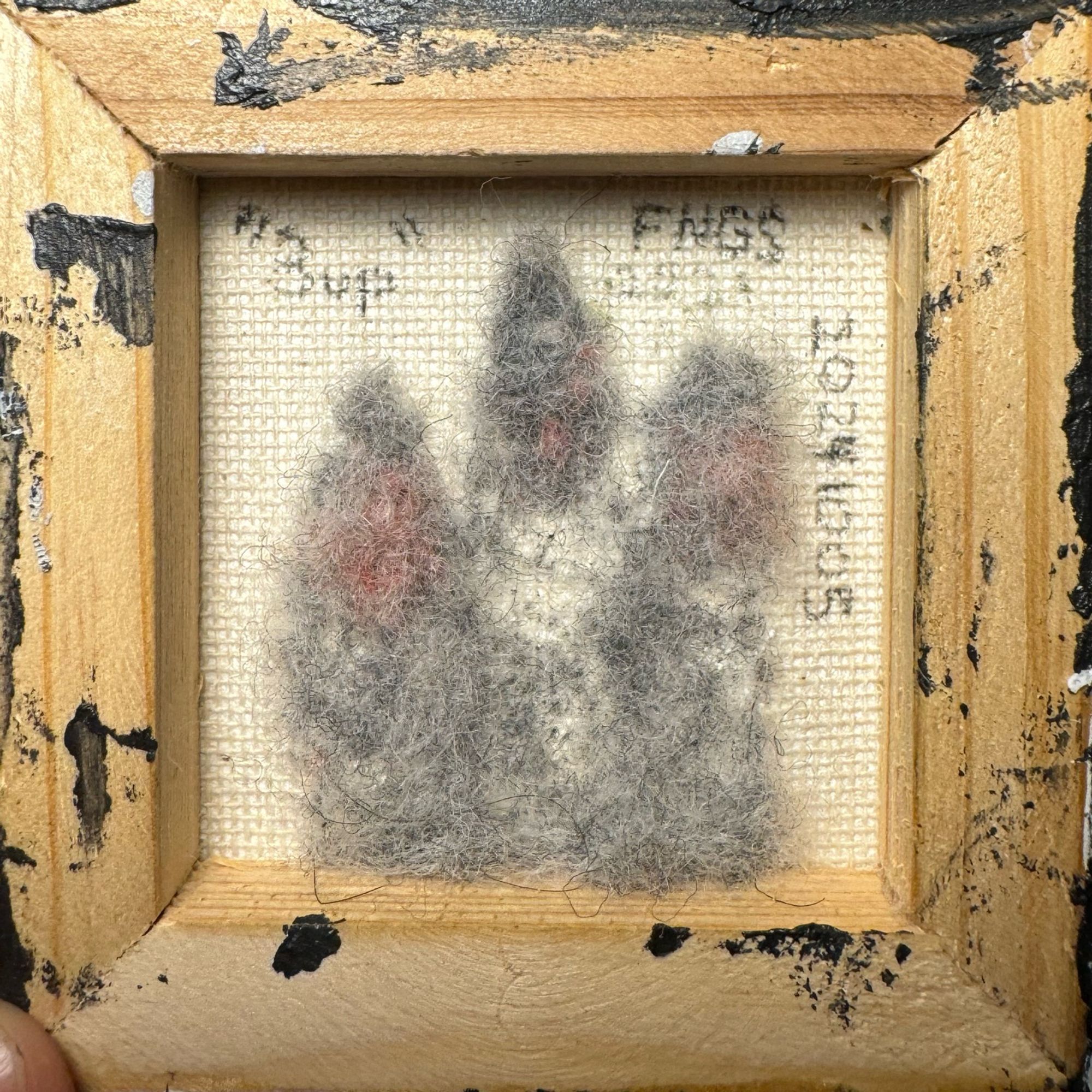 The backside of a small square stretched canvas. The boarder is the wooden stretcher bars dirtied with patches of graphite acrylic paint. The canvas in the middle contains wool fibers that are poking through the weave from needle felting on the other side. The gray wool makes the fuzzy patches look like mold the grows on food. 

Words written on this side of the canvas include:
“3up”
FNGS
20241005