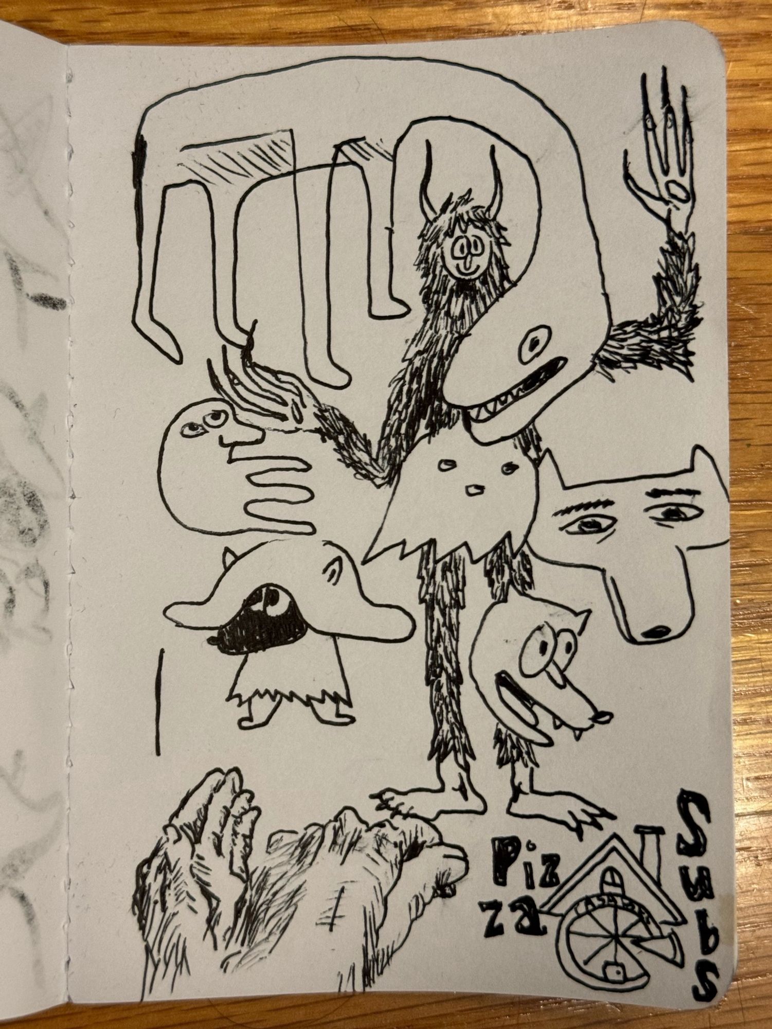 Pen sketches. A snake dog, a large nosed head with a jellyfish body, a ghost, Paul Peng creature from memory, a dog with freak human eyes, Fungus standing, cartoon dog face, local pizza logo, two of my hands