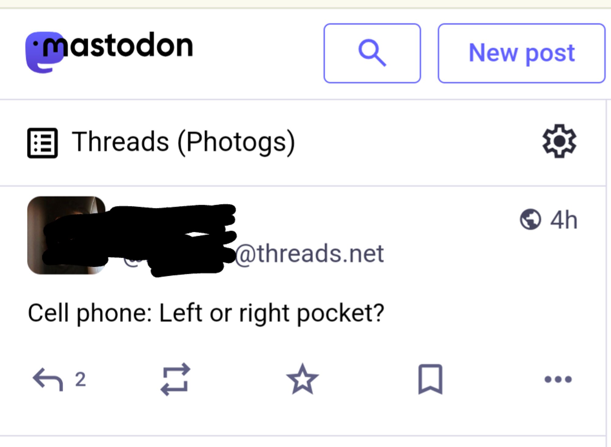 Screenshot of someone on Threads asking, "Cell phone: Left or right pocket?"