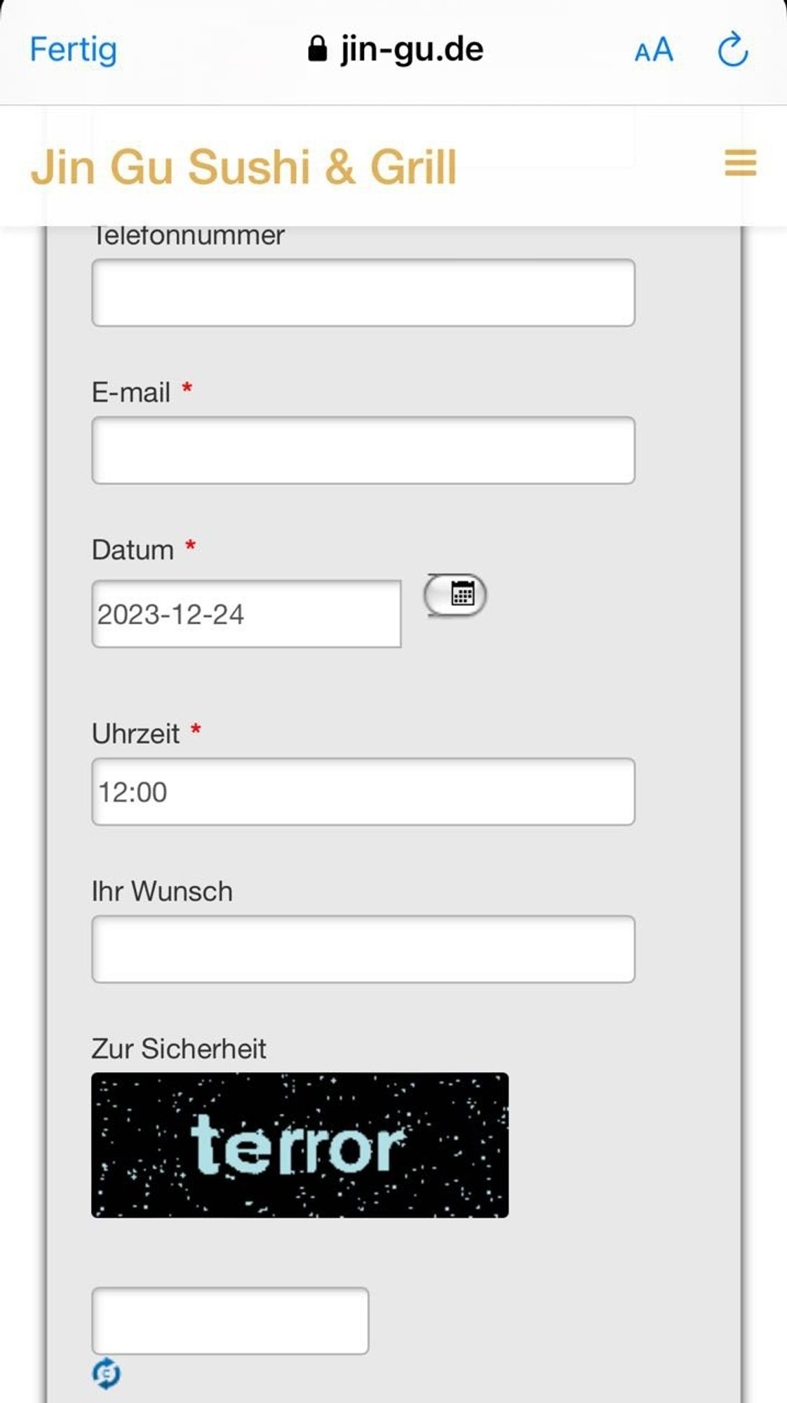 Eine Datenmaske um einen Termin anzulegen. Unter dem Punkt "Zur Sicherheit" muss ein Captcha eingetippt werden. Das generierte Wort lautet "Terror".