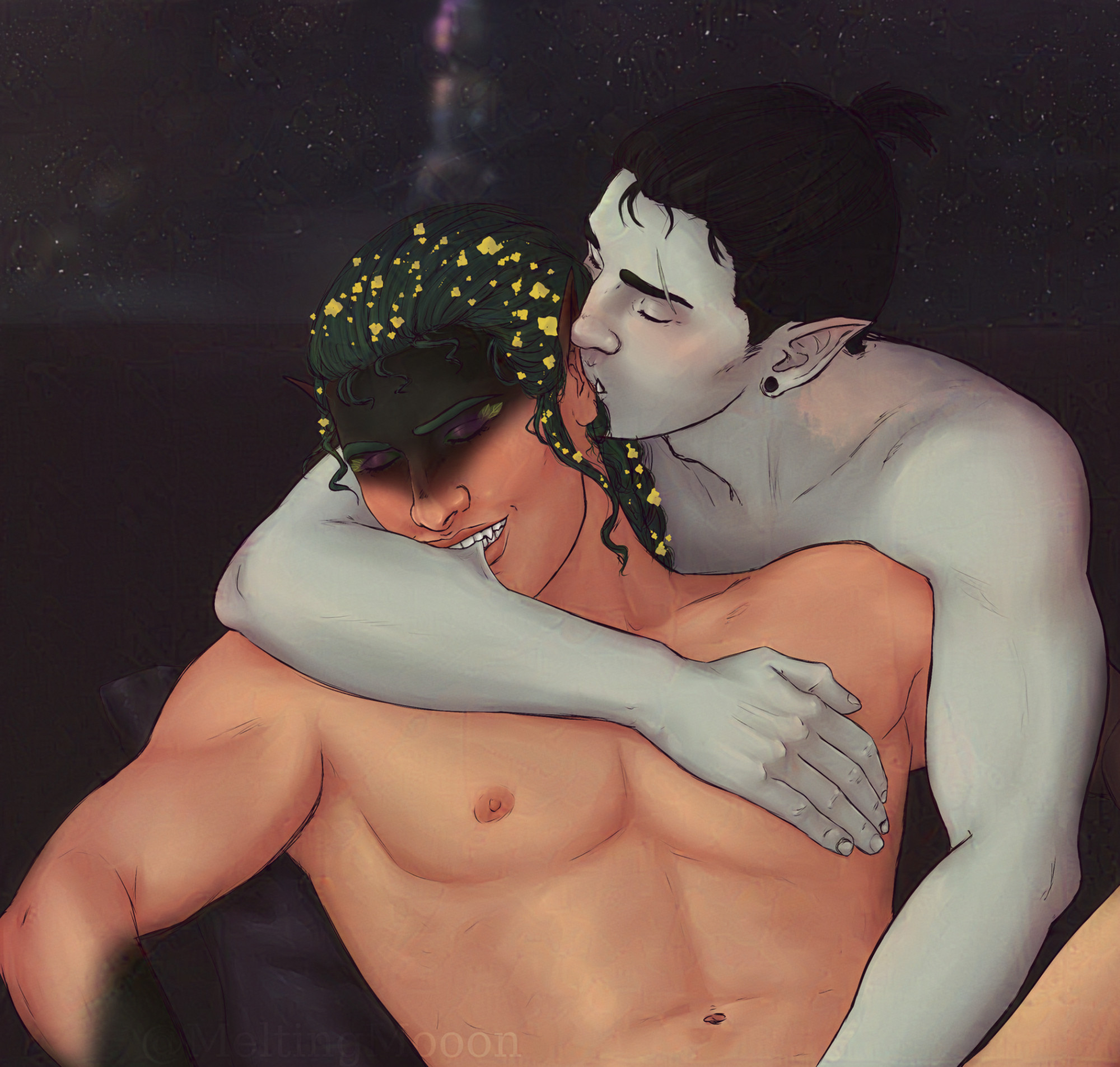 Two people nude on a bed. The half-orc is hugging the other from behind and giving them a kiss on their ear. The fey is biting the half-orcs arm playfully.