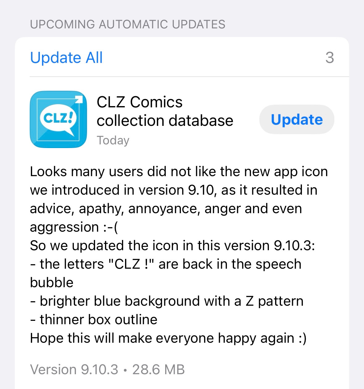 Text: Looks many users did not like the new app icon we introduced in version 9.10, as it resulted in advice, apathy, annoyance, anger and even aggression