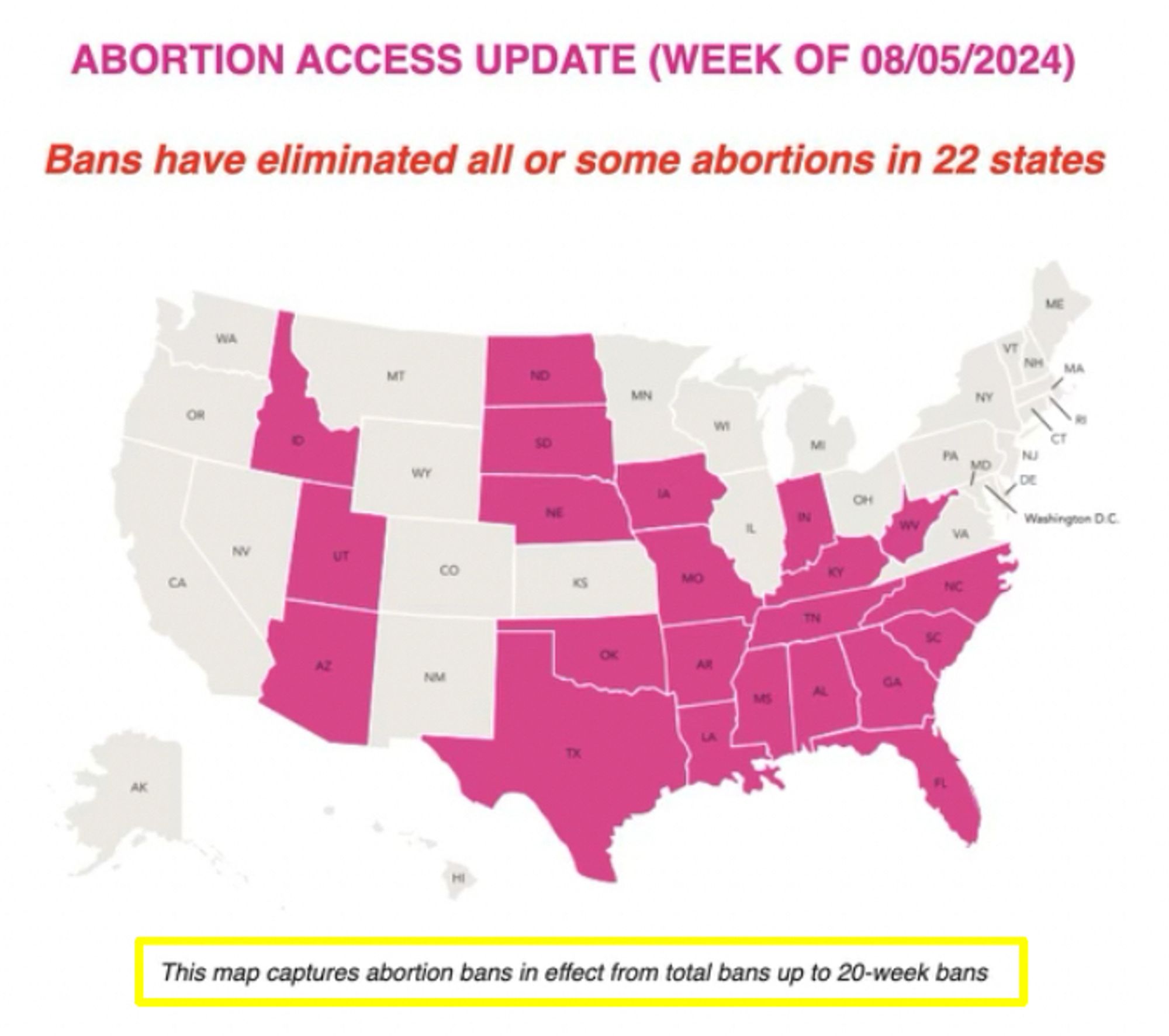 Photo from Planned Parenthood email blast with a map of the United States showing states with abortion bans in pink. The map says “bans have a limited some or all abortions in 22 states”
then underneath the map, there’s a note that reads “this map captures abortion bans in effect from total bans up to 20-week bans” …meaning bans on later care are literally invisible